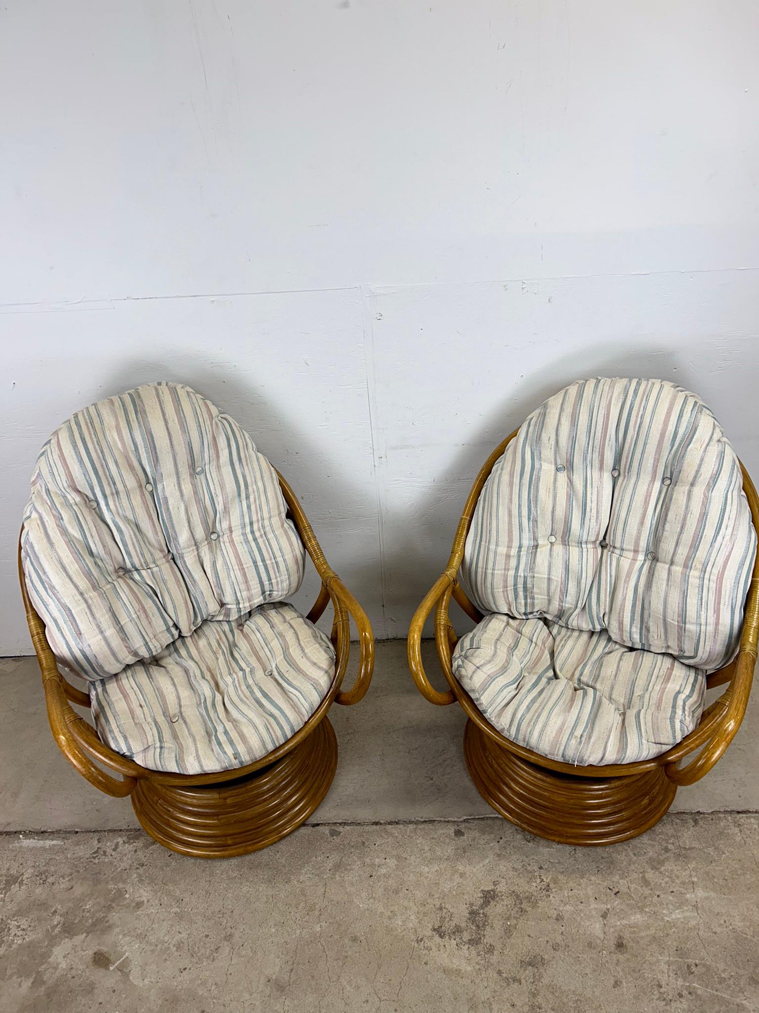 Upholstery Set of 4 vintage rattan accent chairs with swivel base For Sale