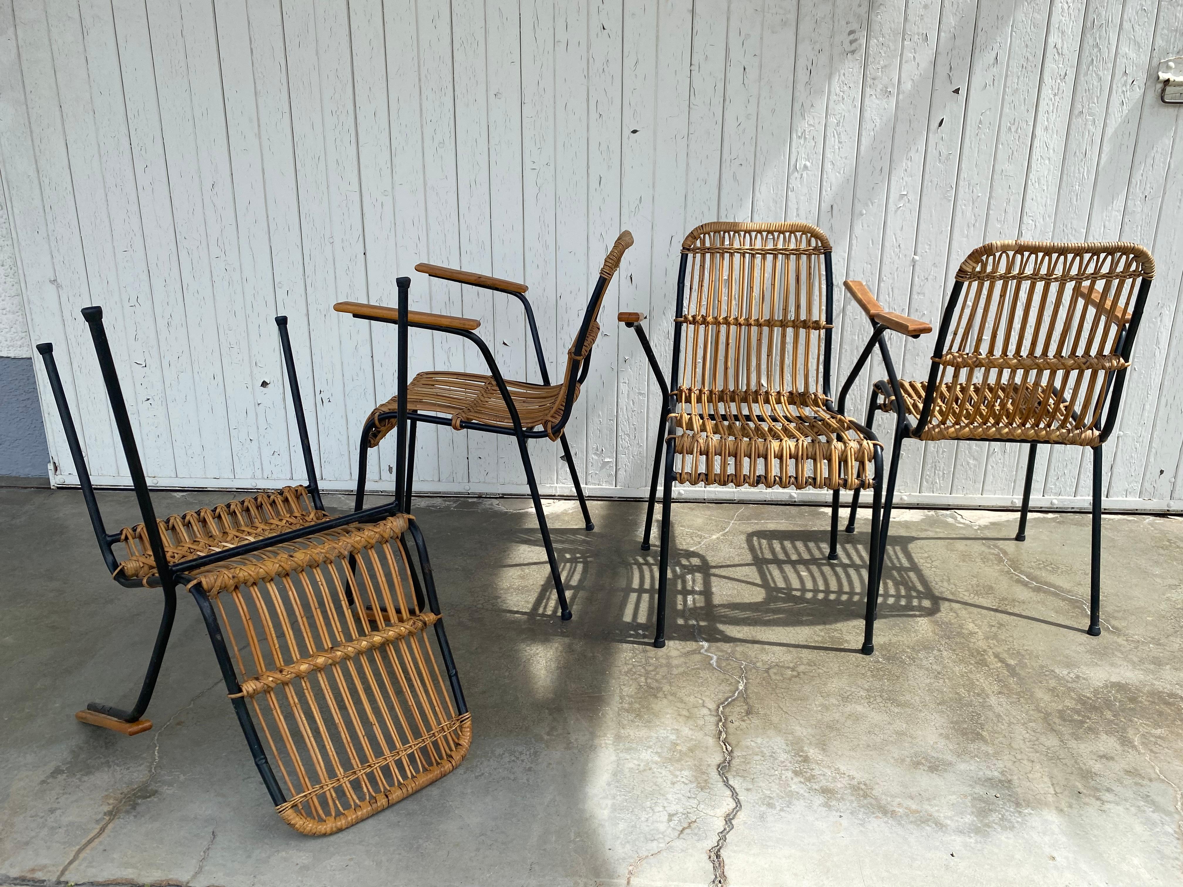 Set di 4 sedie vintage in rattan e bambù, di Schumacher, Belgio, anni '50 in vendita 4