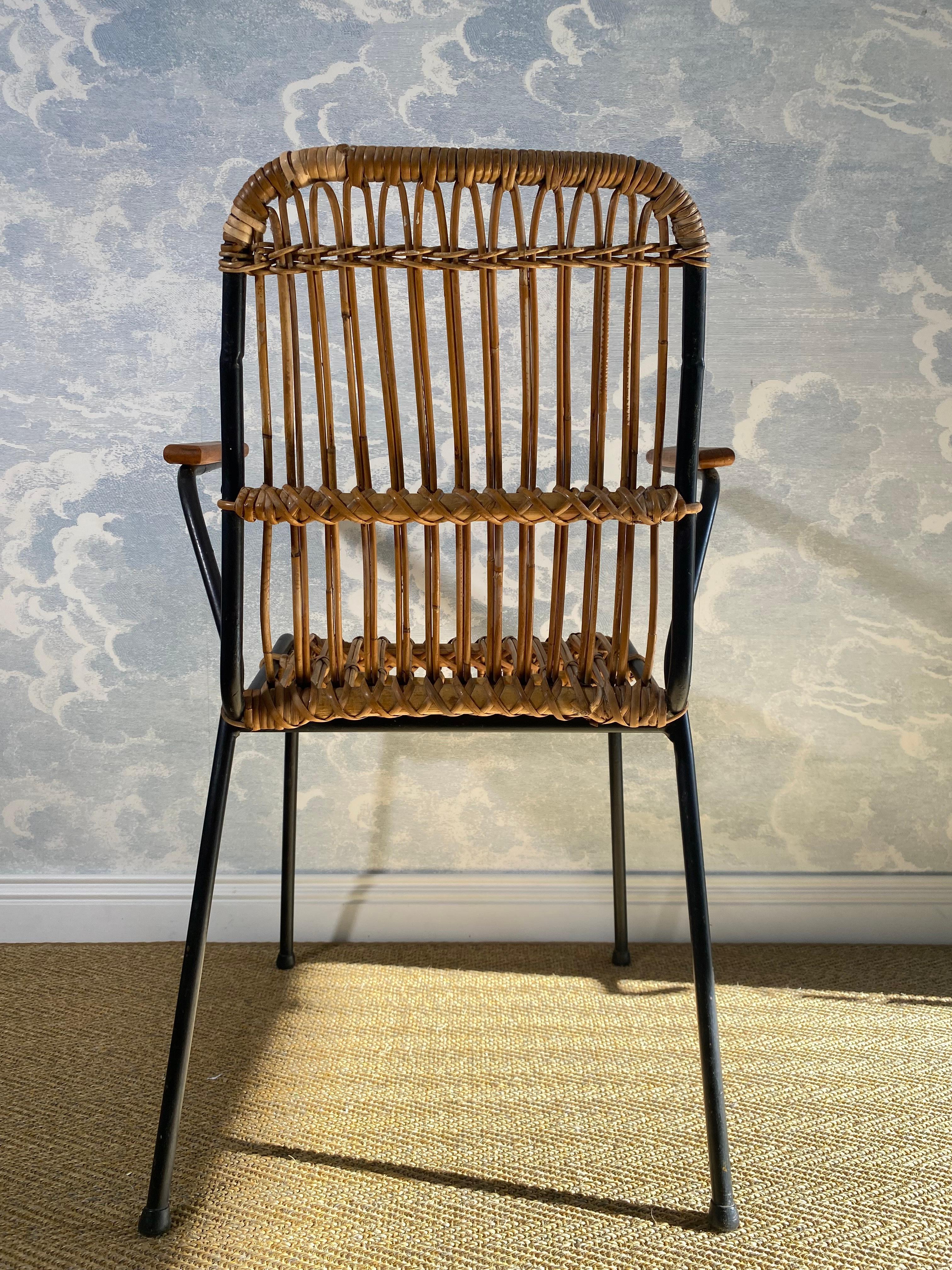 Metà XX secolo Set di 4 sedie vintage in rattan e bambù, di Schumacher, Belgio, anni '50 in vendita