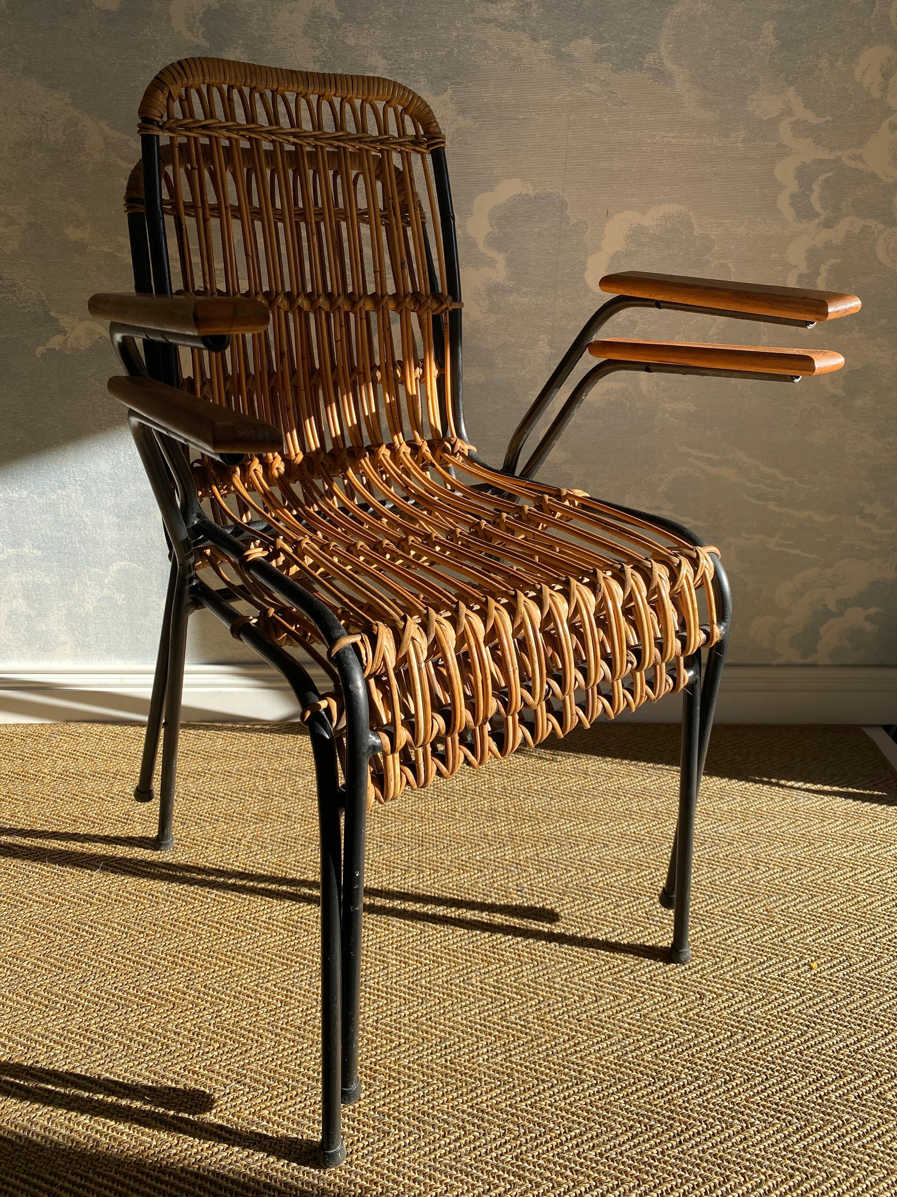 Metallo Set di 4 sedie vintage in rattan e bambù, di Schumacher, Belgio, anni '50 in vendita