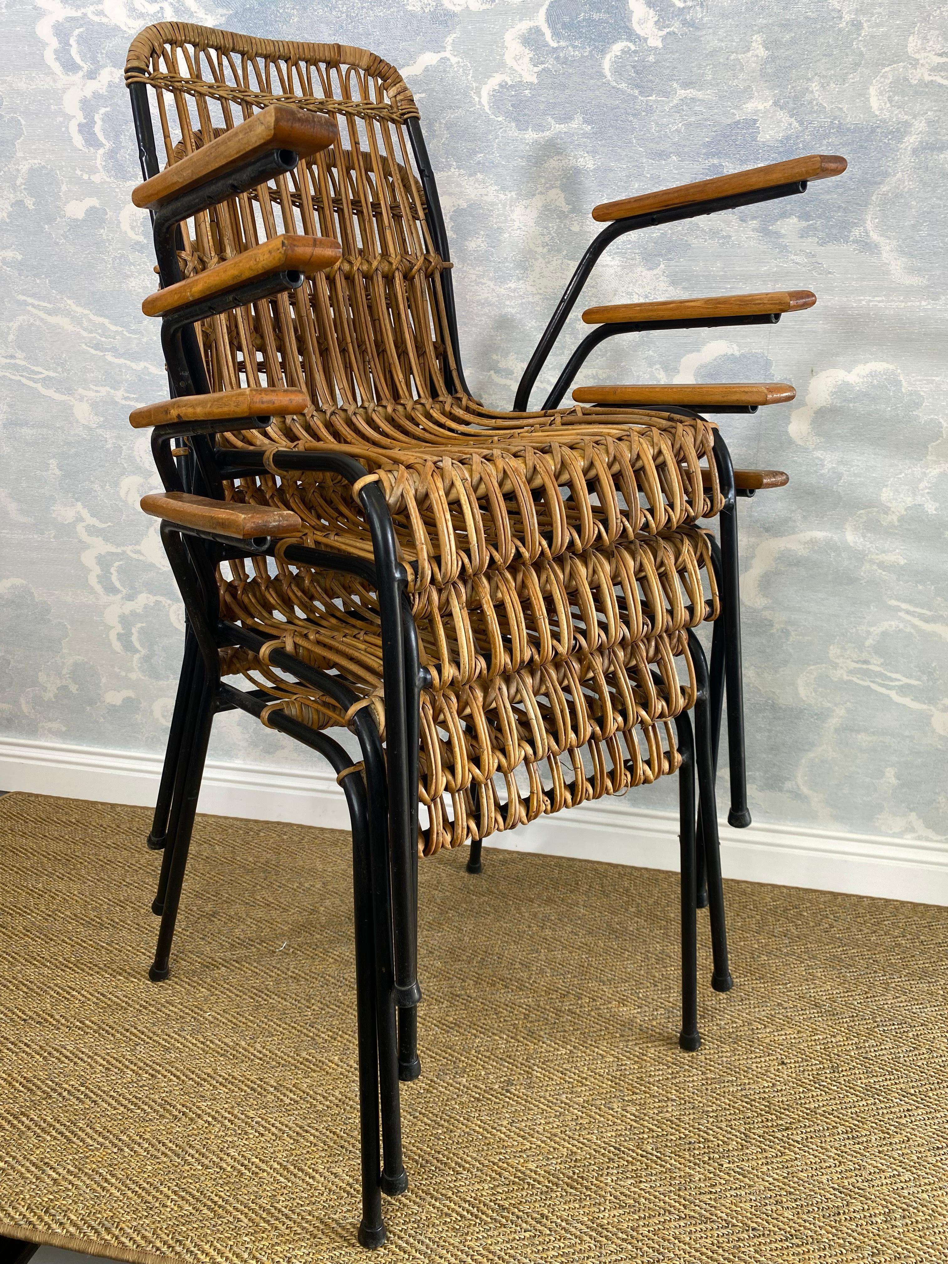 Set di 4 sedie vintage in rattan e bambù, di Schumacher, Belgio, anni '50 in vendita 1