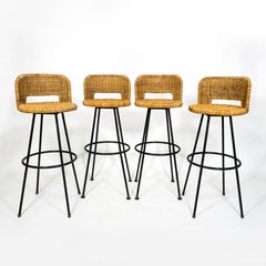 Set of 4 Vintage Rattan Bamboo Swivel Chair Bar Stool with Iron Base, 1960s