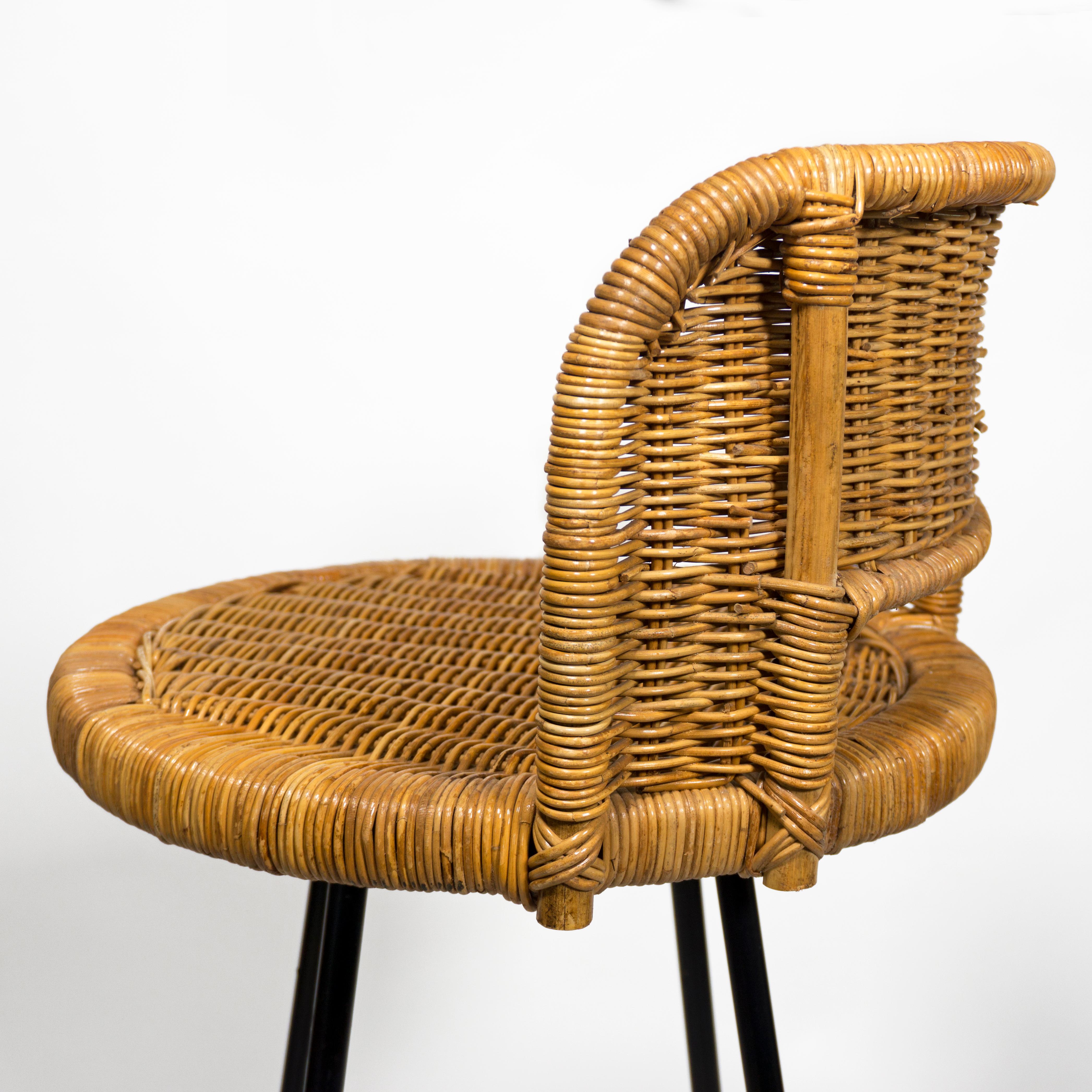 Mid-Century Modern Set of 4 Vintage Rattan Bamboo Swivel Chair Bar Stool with Iron Base, 1960s