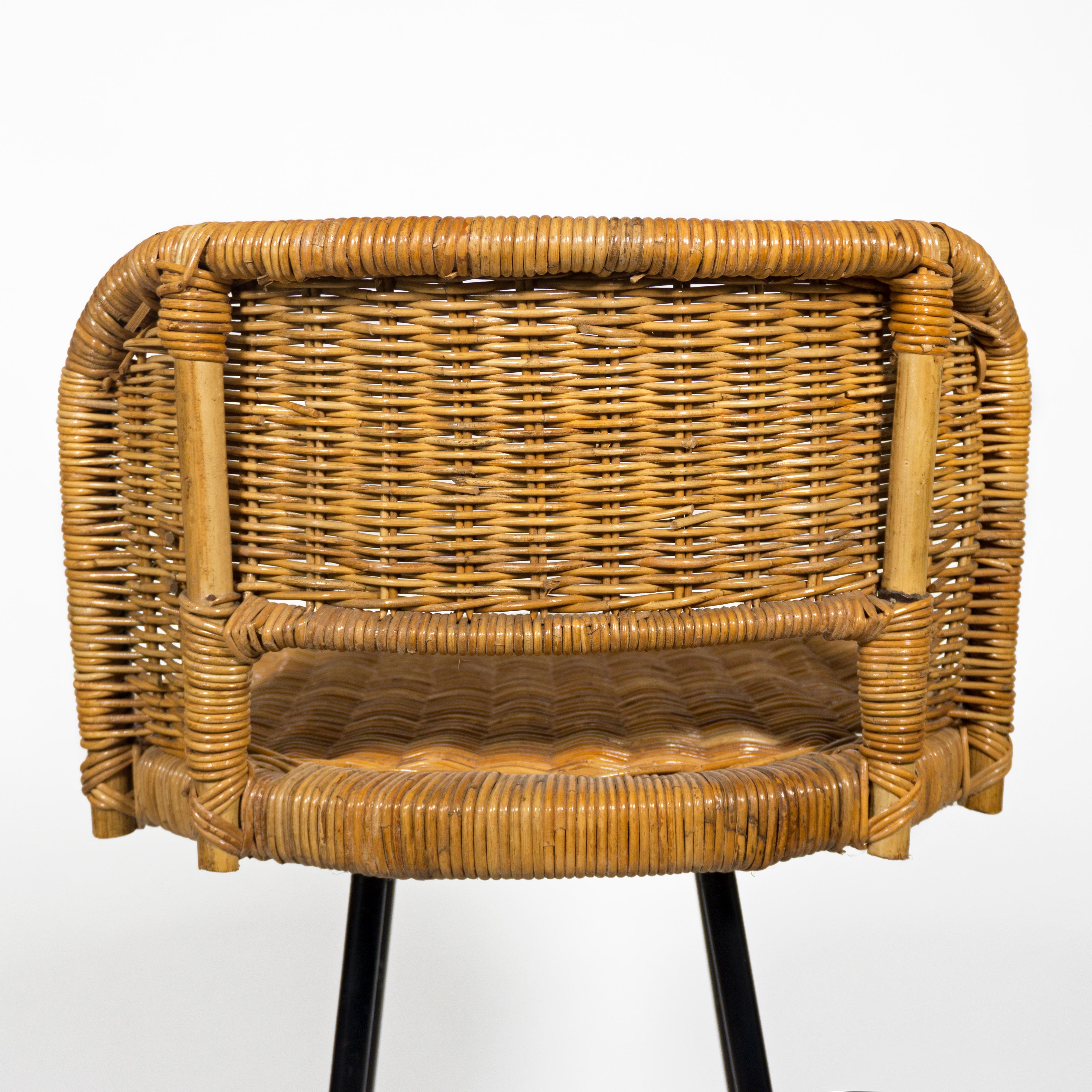 Hand-Crafted Set of 4 Vintage Rattan Bamboo Swivel Chair Bar Stool with Iron Base, 1960s