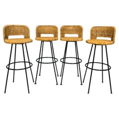 Set of 4 Vintage Rattan Bamboo Swivel Chair Bar Stool with Iron Base, 1960s