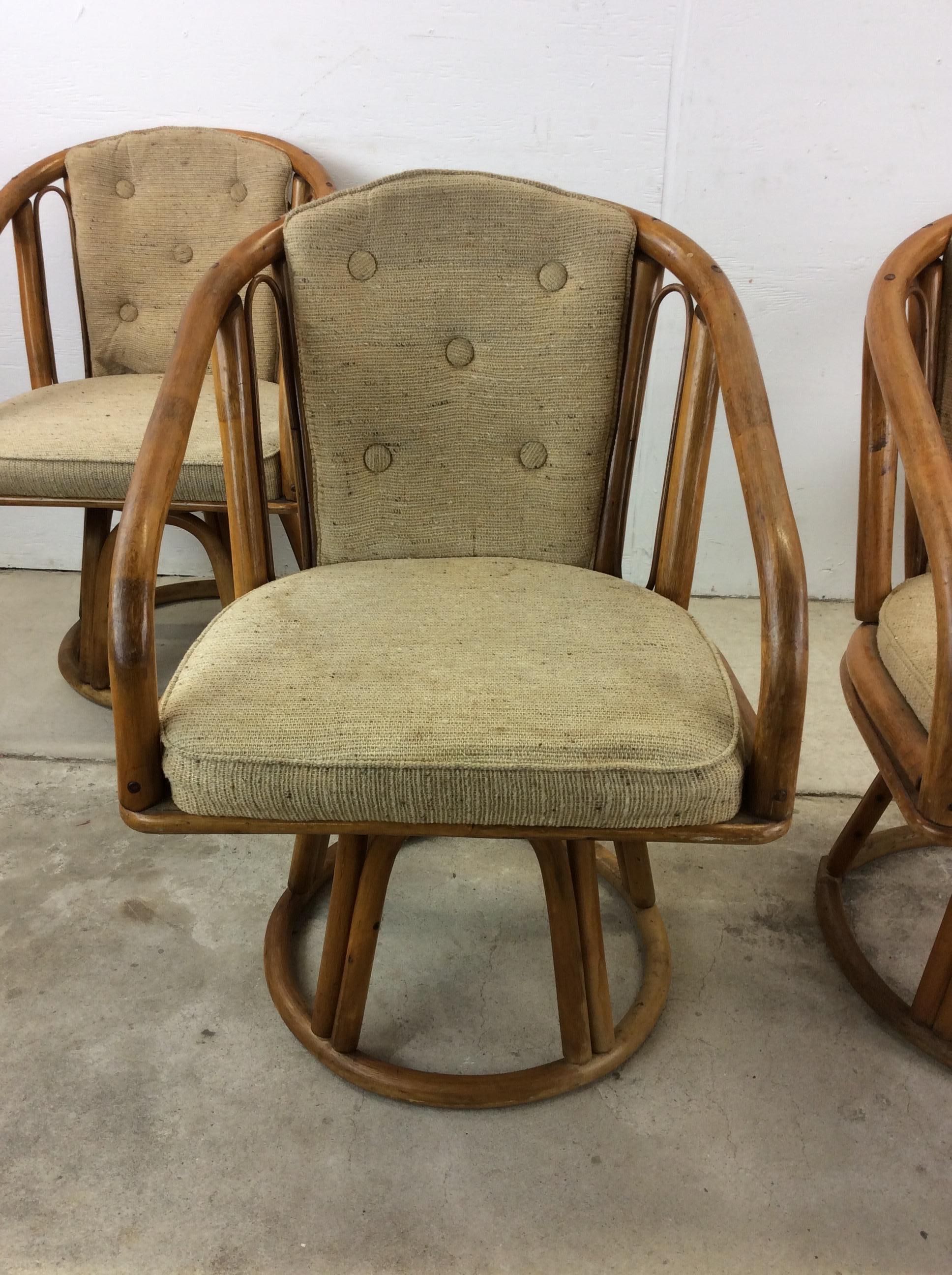 American Set of 4 Vintage Rattan Chairs with Swivel Base For Sale