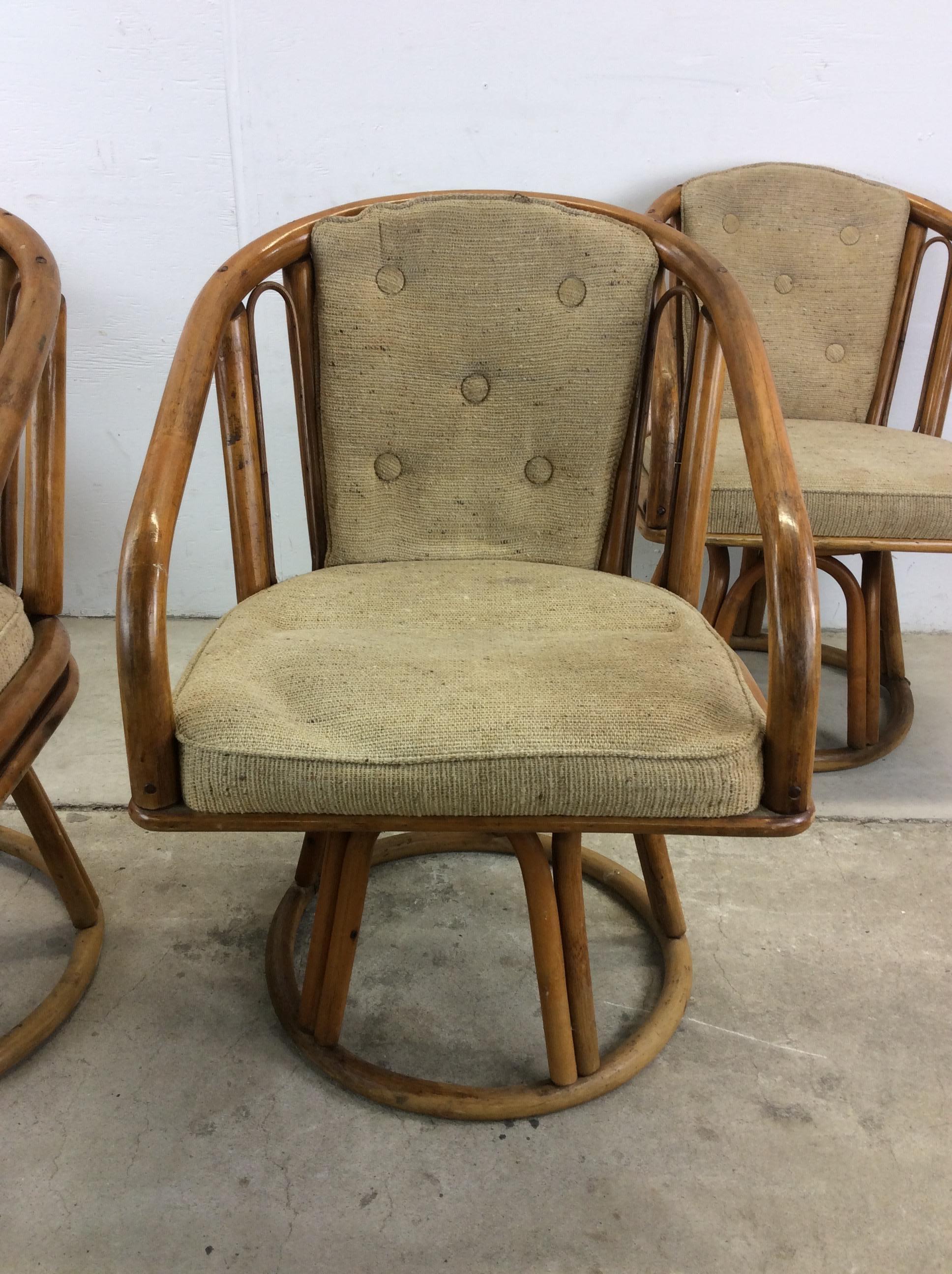 Set of 4 Vintage Rattan Chairs with Swivel Base In Fair Condition For Sale In Freehold, NJ