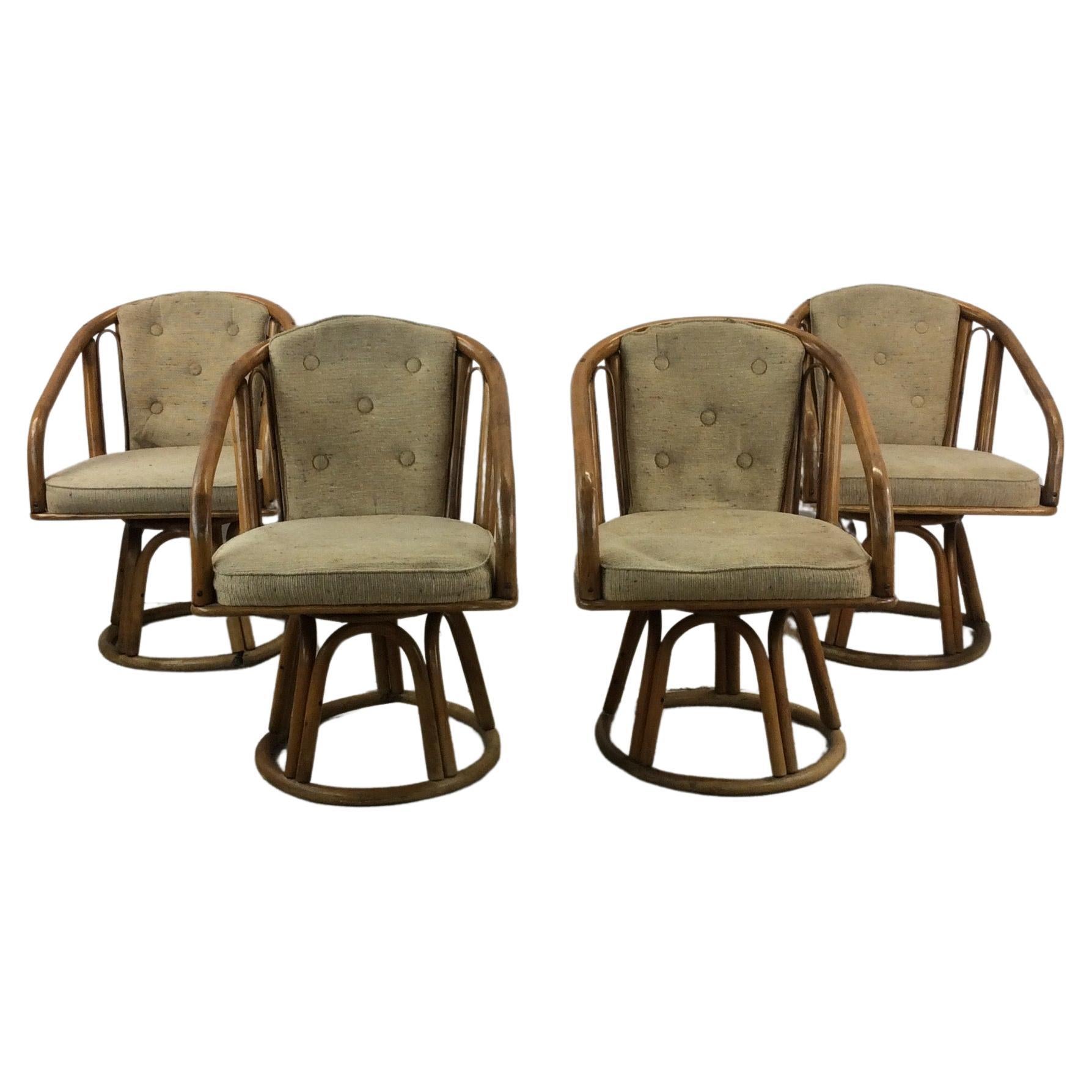 Set of 4 Vintage Rattan Chairs with Swivel Base For Sale