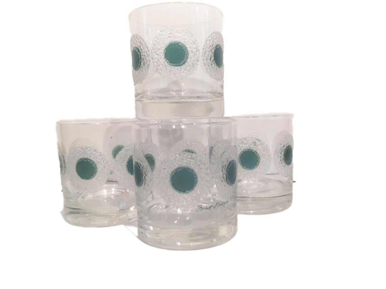 Rare Fred Press signed rocks glasses with blue/green translucent enamel dots within a ring of raised textured clear enamel.