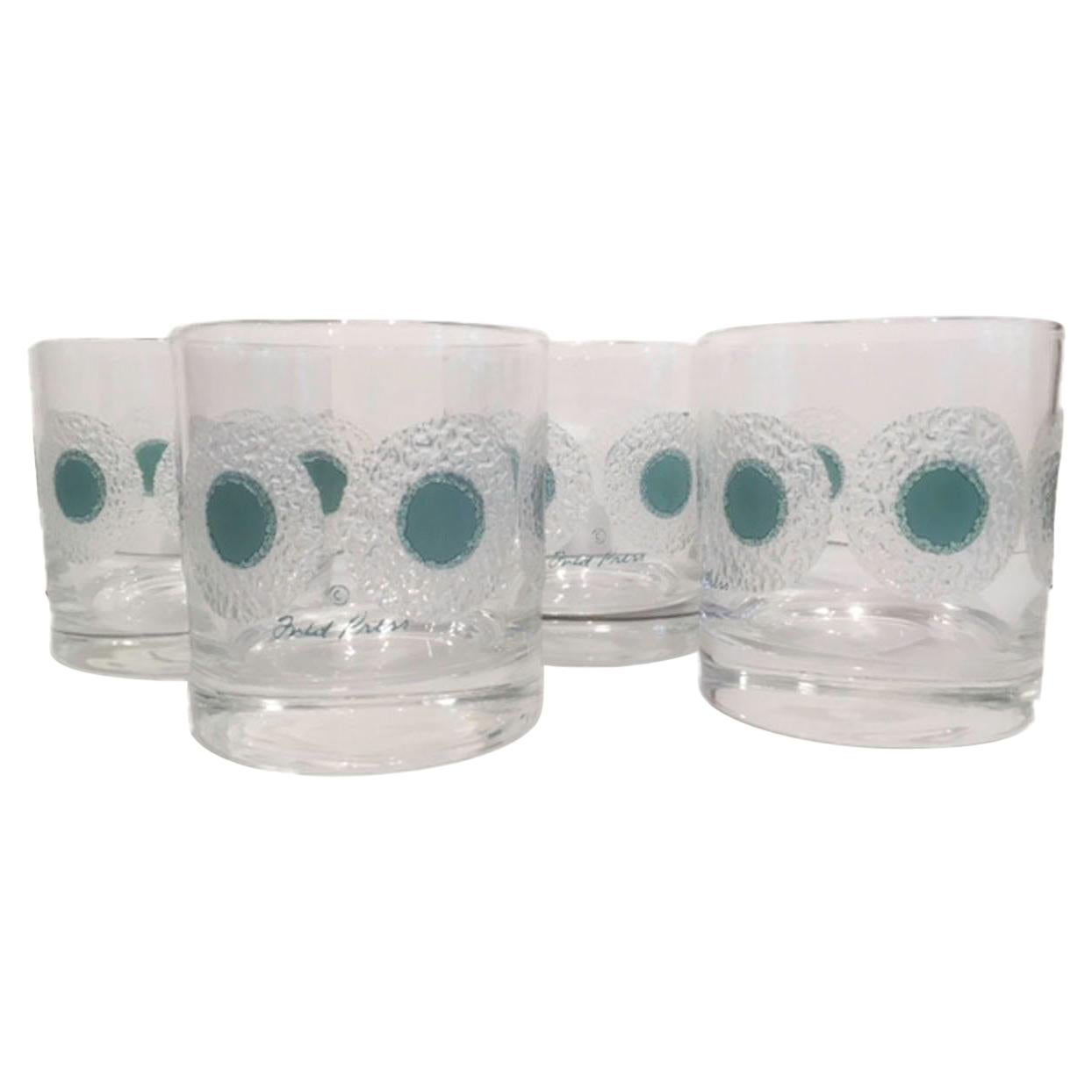 Set of 4 Vintage Rocks Glasses Designed by Fred Press with Translucent Teal Dots