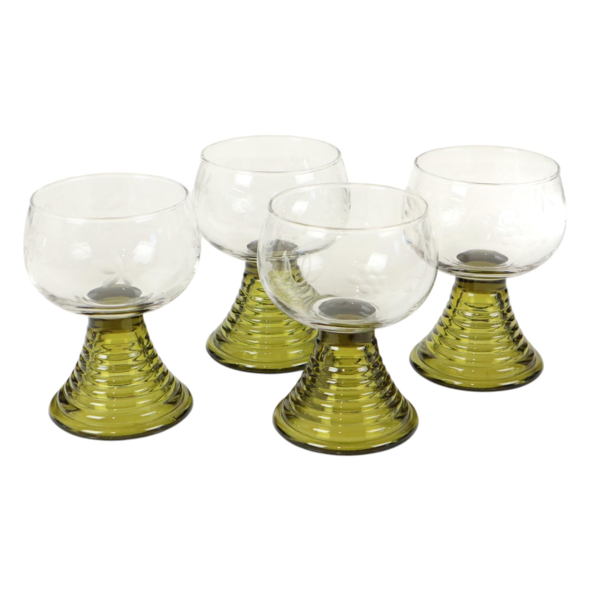 Set of 4 Vintage Roemer Etched Glasses Green Base Germany For Sale 9