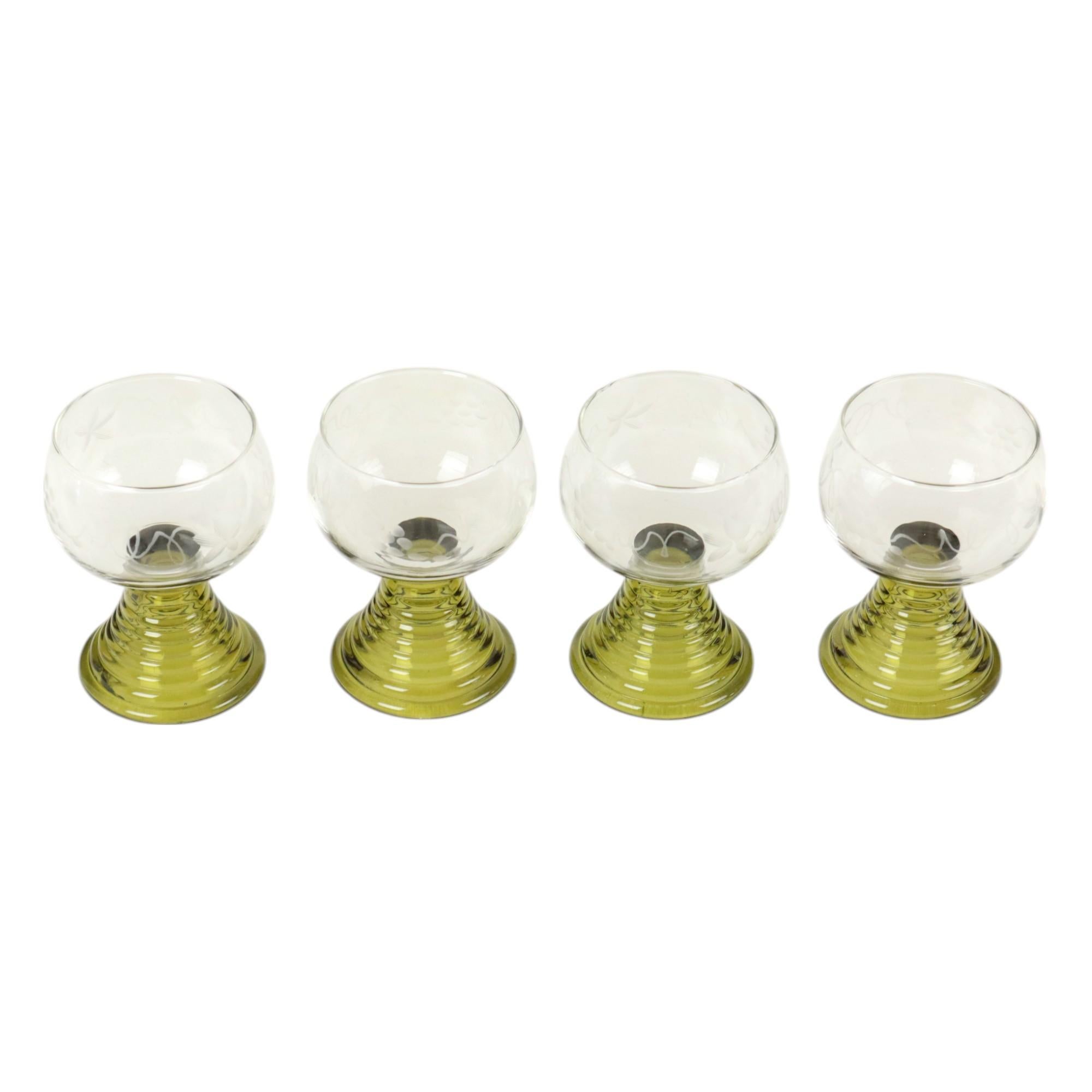Hand-Carved Set of 4 Vintage Roemer Etched Glasses Green Base Germany For Sale