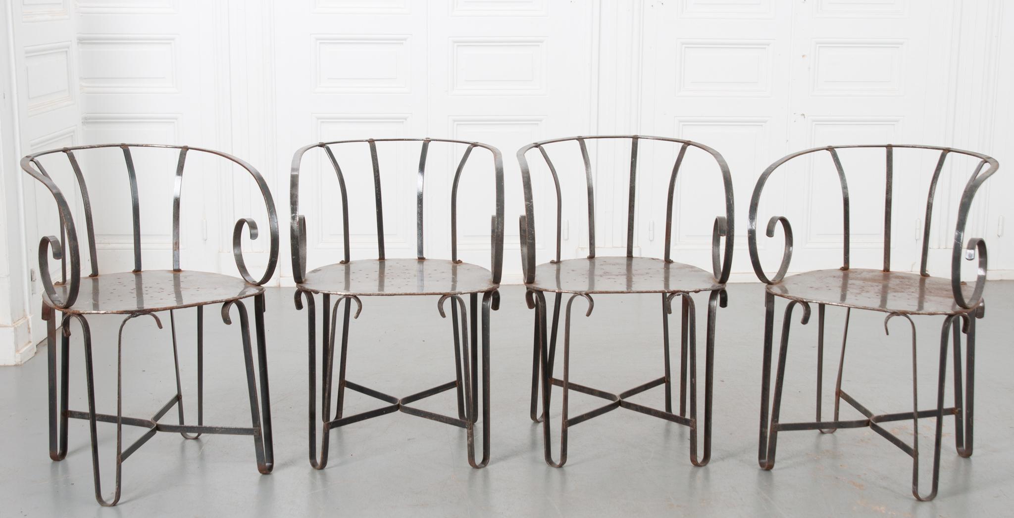 20th Century Set of 4 Vintage Scroll Arm Metal Chairs