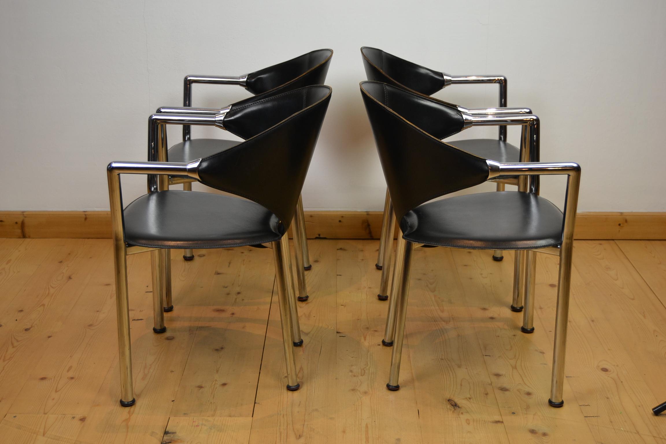 Set of 4 Vintage Segis Black Leather and Chrome Armchairs, Office Chairs, IT 9