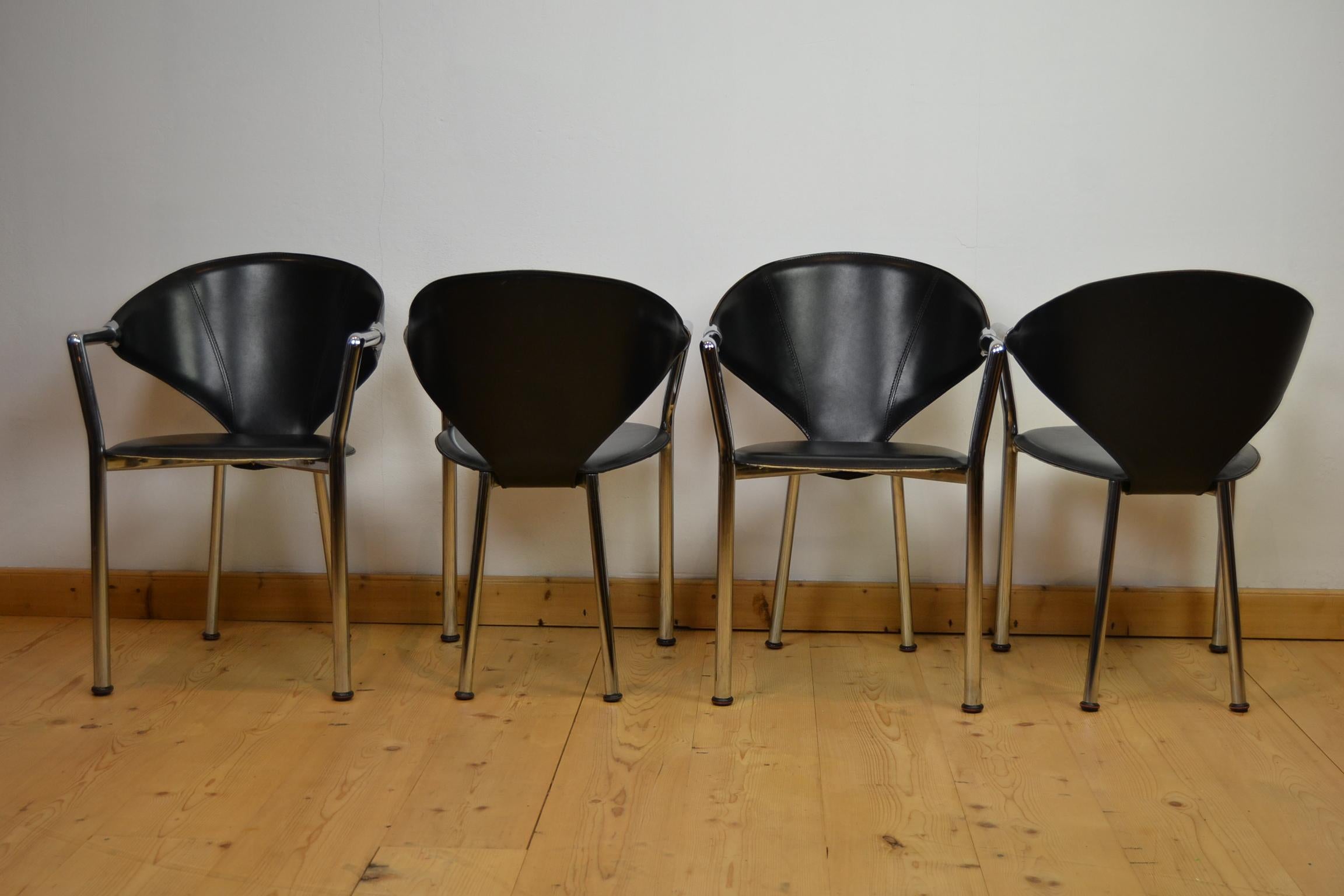 Set of 4 Vintage Segis Black Leather and Chrome Armchairs, Office Chairs, IT 11