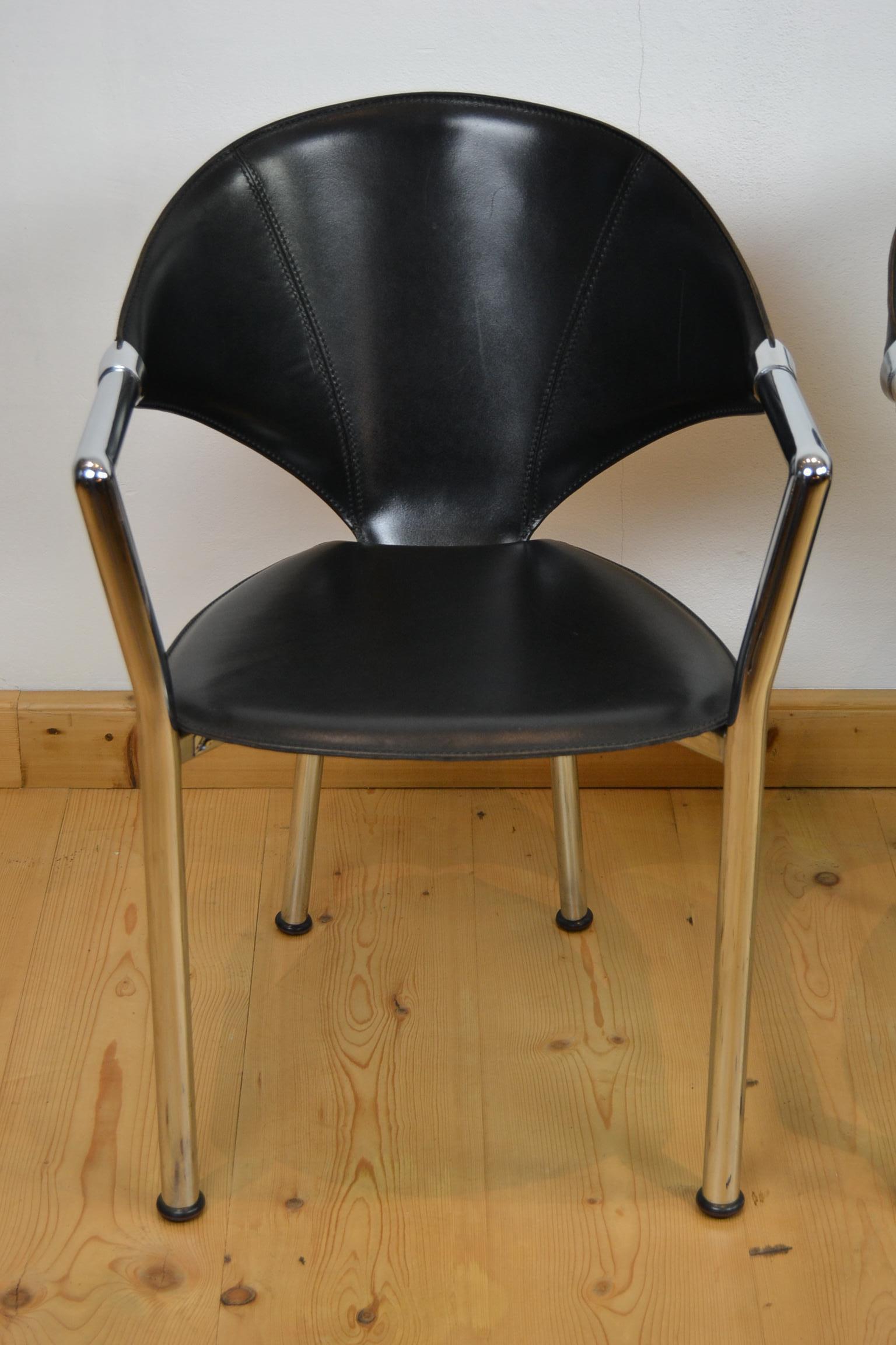 Mid-Century Modern Set of 4 Vintage Segis Black Leather and Chrome Armchairs, Office Chairs, IT
