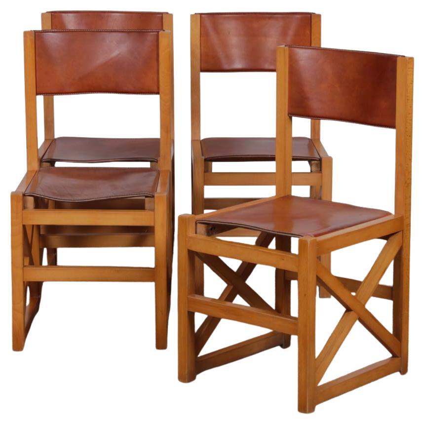 Set of 4 vintage solid wood and leather chairs, 1980