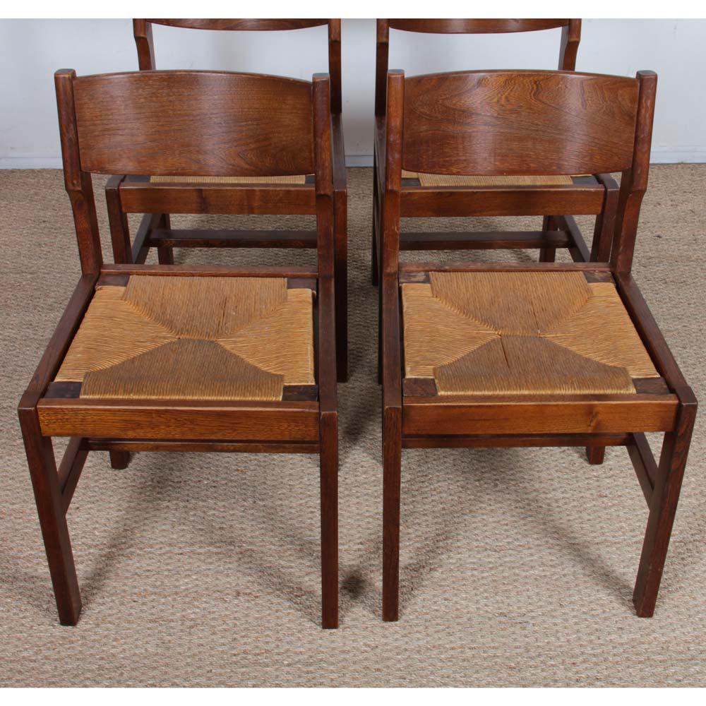 Set of 4 vintage solid wood and straw chairs, 1980s (Stroh) im Angebot