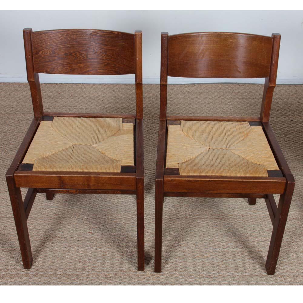 Set of 4 vintage solid wood and straw chairs, 1980s im Angebot 1