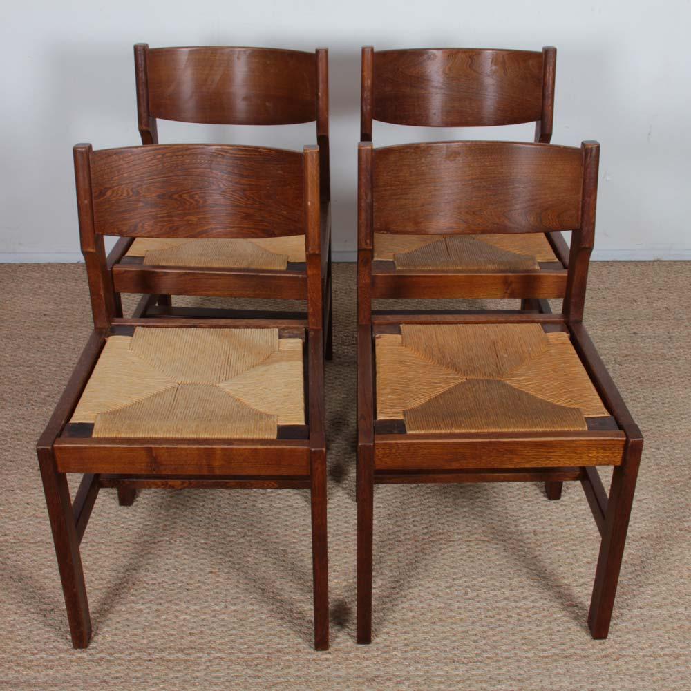 Set of 4 vintage solid wood and straw chairs, 1980s im Angebot 2