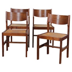 Set of 4 vintage solid wood and straw chairs, 1980s