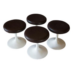 Set of 4, Vintage Stools, French, Leather, Pedestal, 20th Century, circa 1960