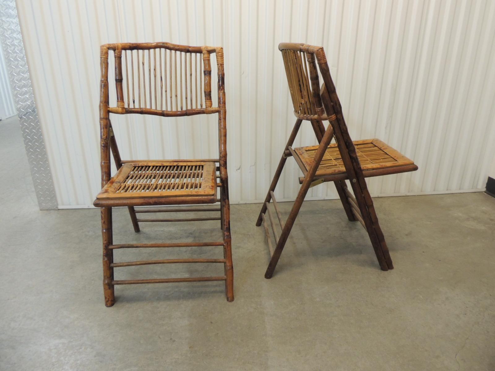 Late 20th Century Set of '4' Vintage Tortoise Bamboo Folding Chairs with Seat Cushions