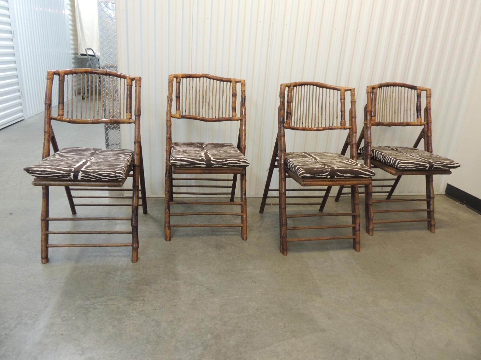 Set of '4' Vintage Tortoise Bamboo Folding Chairs with Seat Cushions 3
