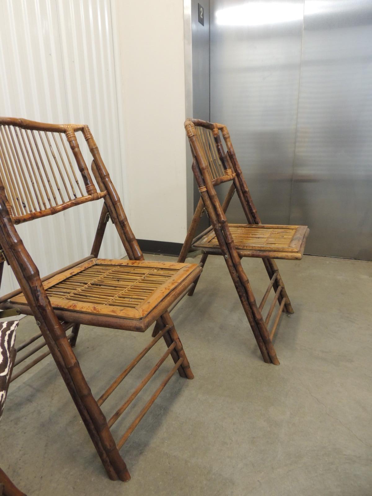British Colonial Set of '4' Vintage Tortoise Bamboo Folding Chairs with Seat Cushions