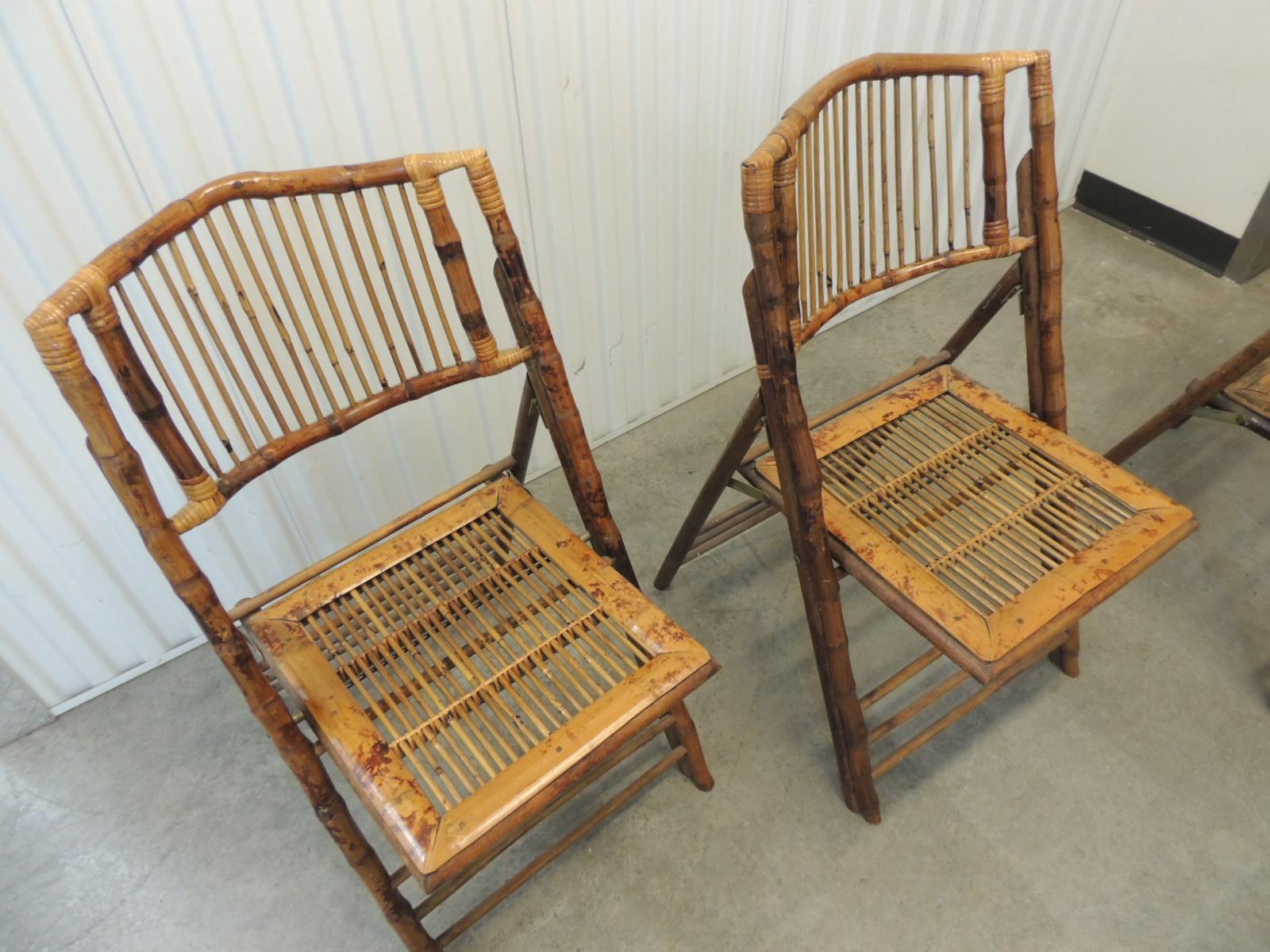 Set of '4' Vintage Tortoise Bamboo Folding Chairs with Seat Cushions In Good Condition In Oakland Park, FL