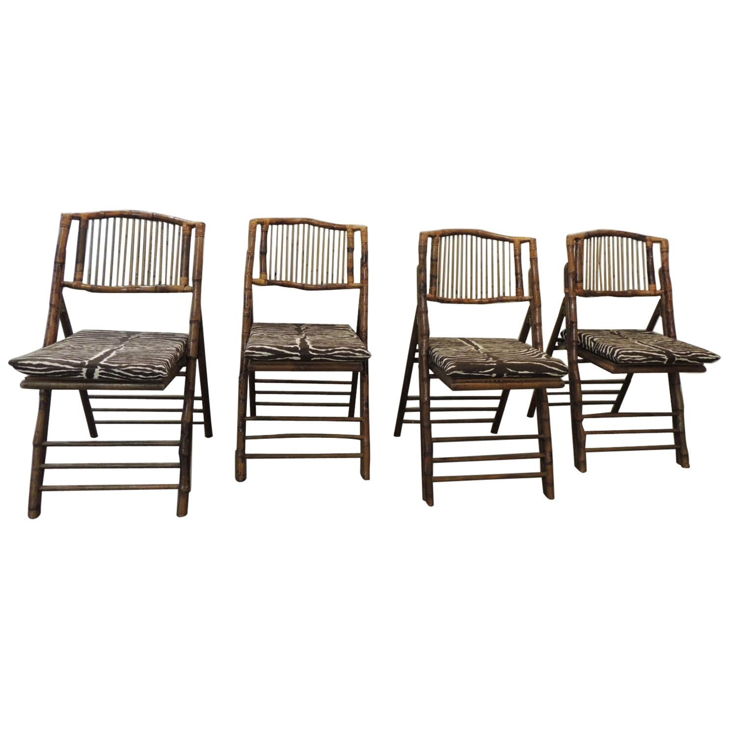 Set of '4' Vintage Tortoise Bamboo Folding Chairs with Seat Cushions