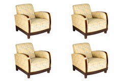 Set of 4 Vintage Walnut Parquetry Fauteuil Armchairs – Upholstered, 20th Century