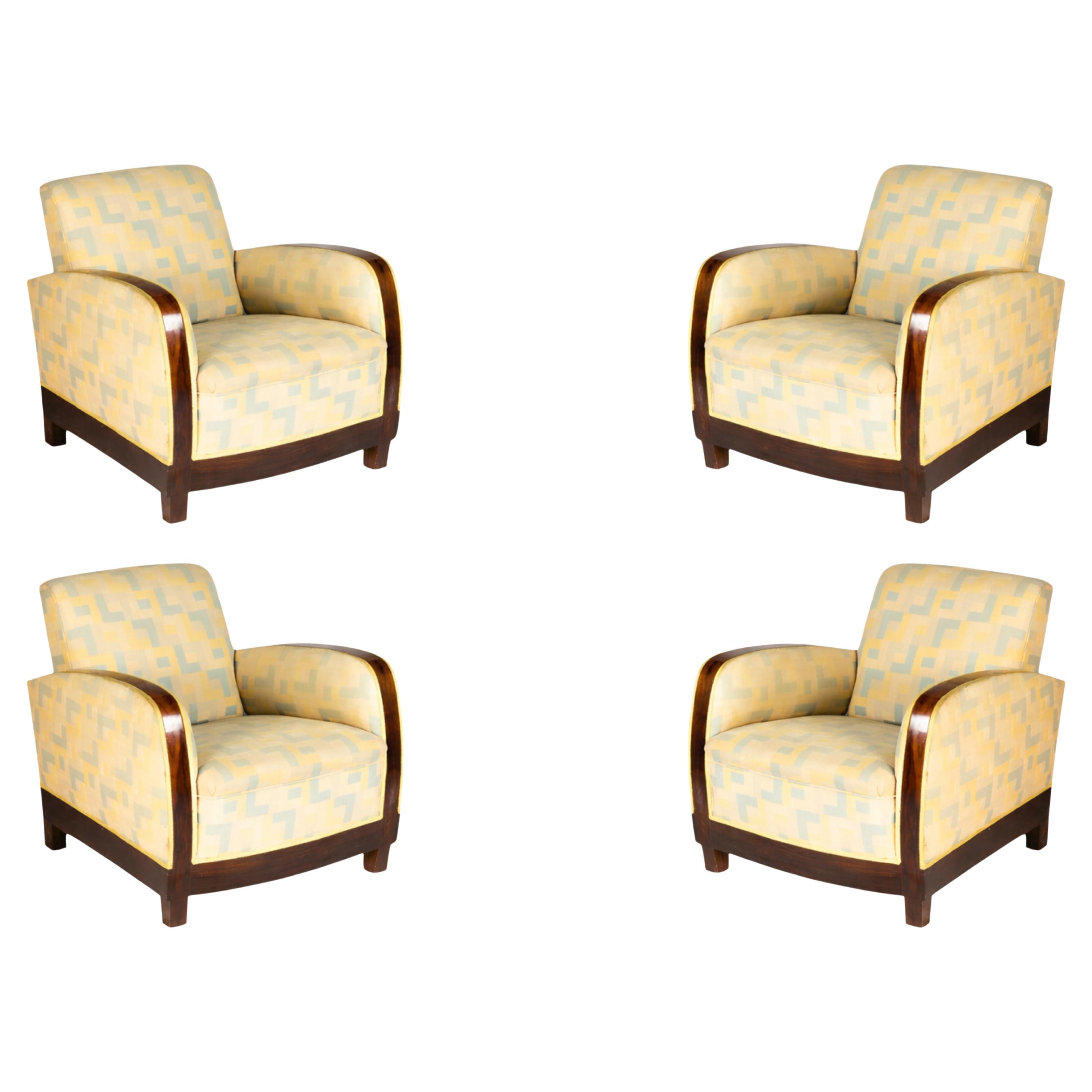 Set of 4 Vintage Walnut Parquetry Fauteuil Armchairs – Upholstered, 20th Century For Sale