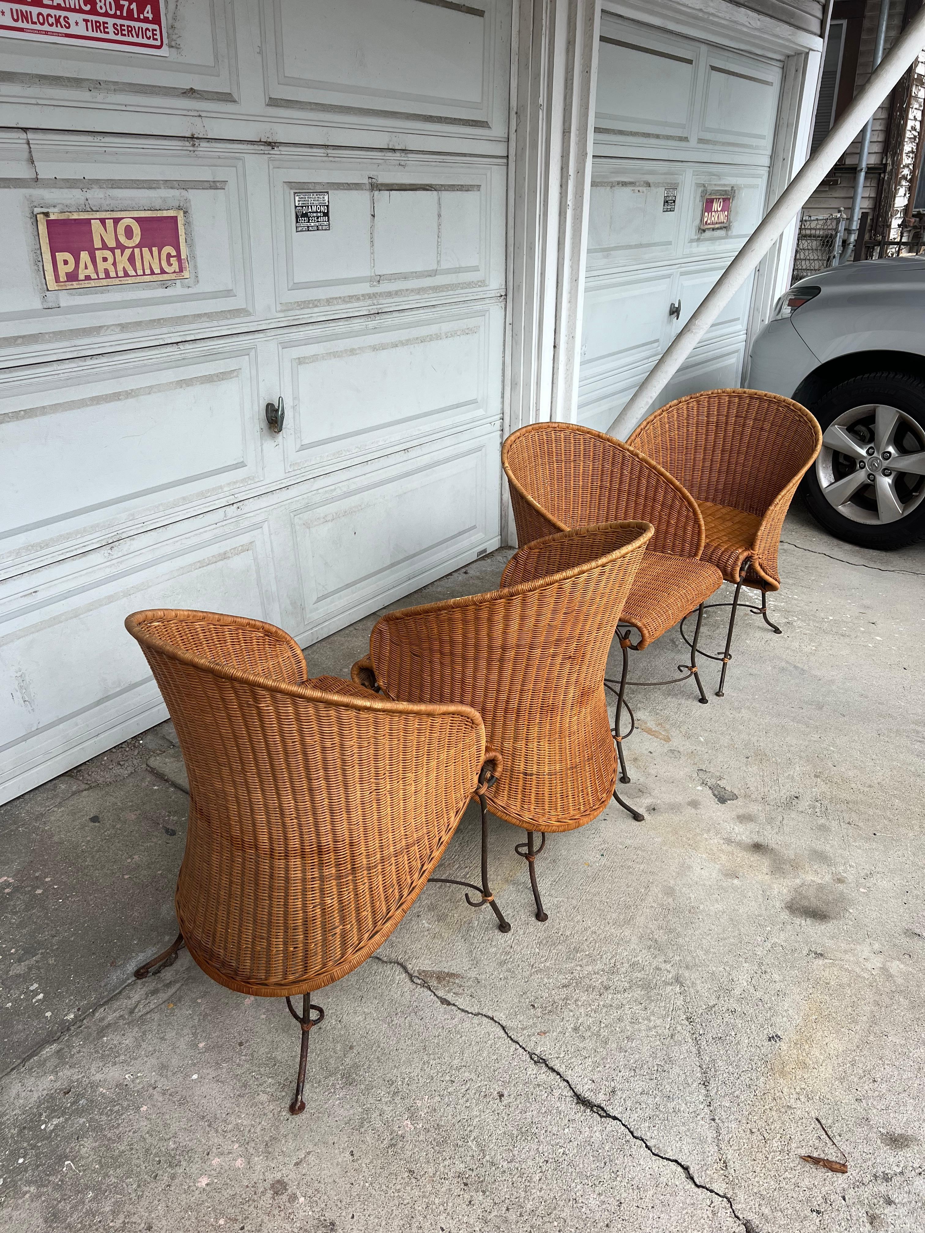 Late 20th Century Set of 4 Vintage Wicker and Wrought Iron Sculptural Chairs