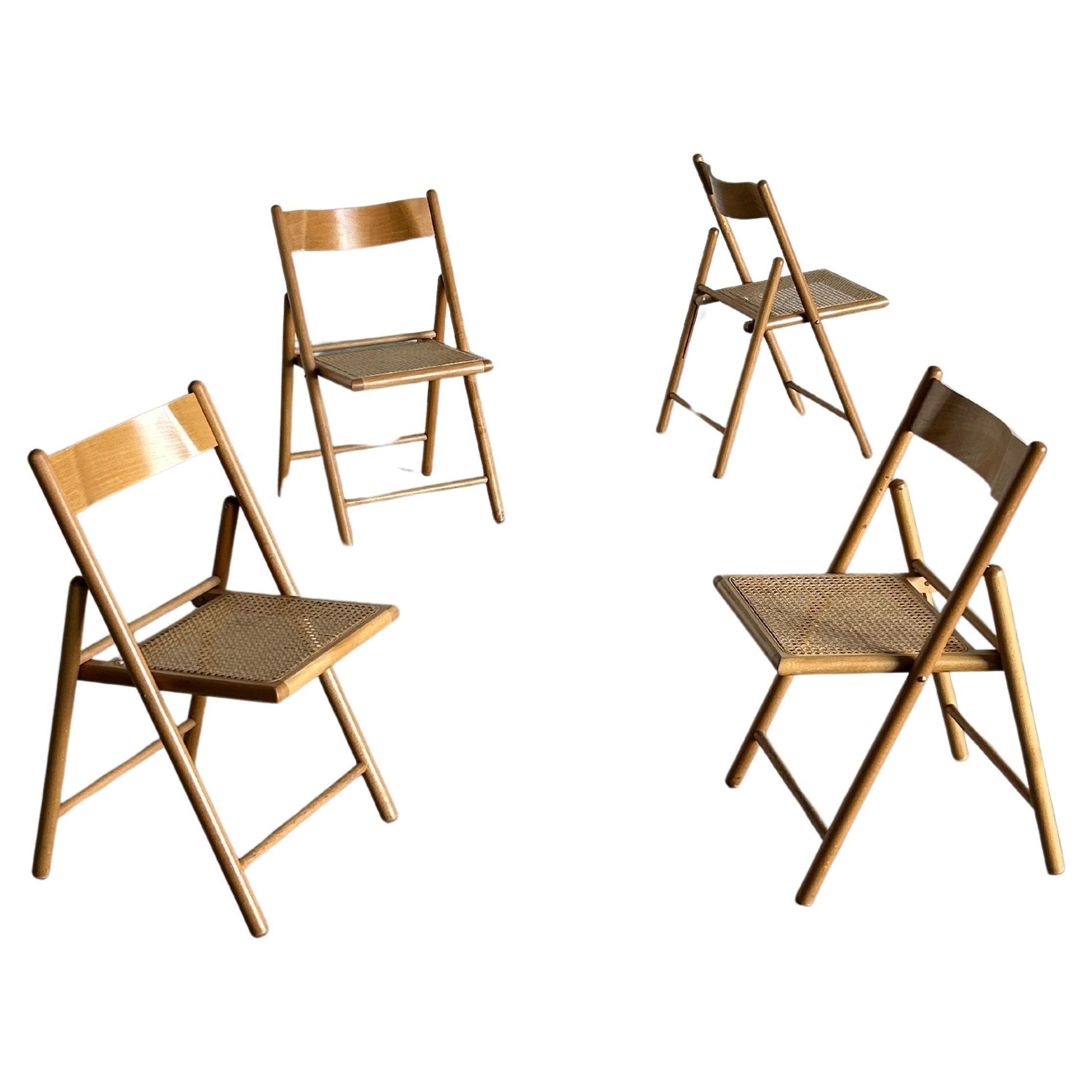 Set of 4 Vintage Wicker Cane and Beechwood Folding Chairs, 1970s Italian Design