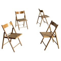 Set of 4 Used Wicker Cane and Beechwood Folding Chairs, 1970s Italian Design