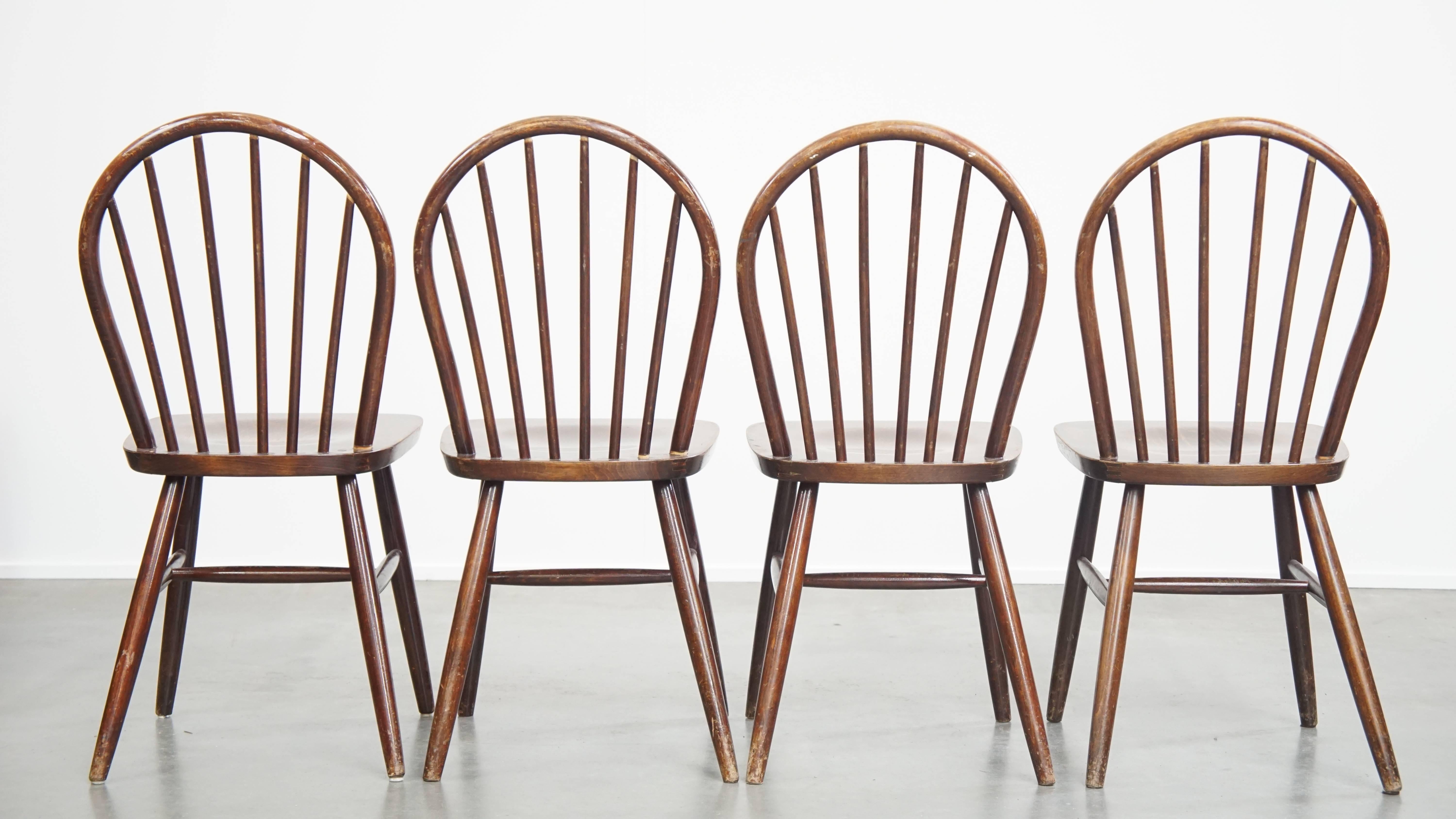 Hand-Crafted Set of 4 vintage wooden spindle Windsor chairs from the 1970s For Sale