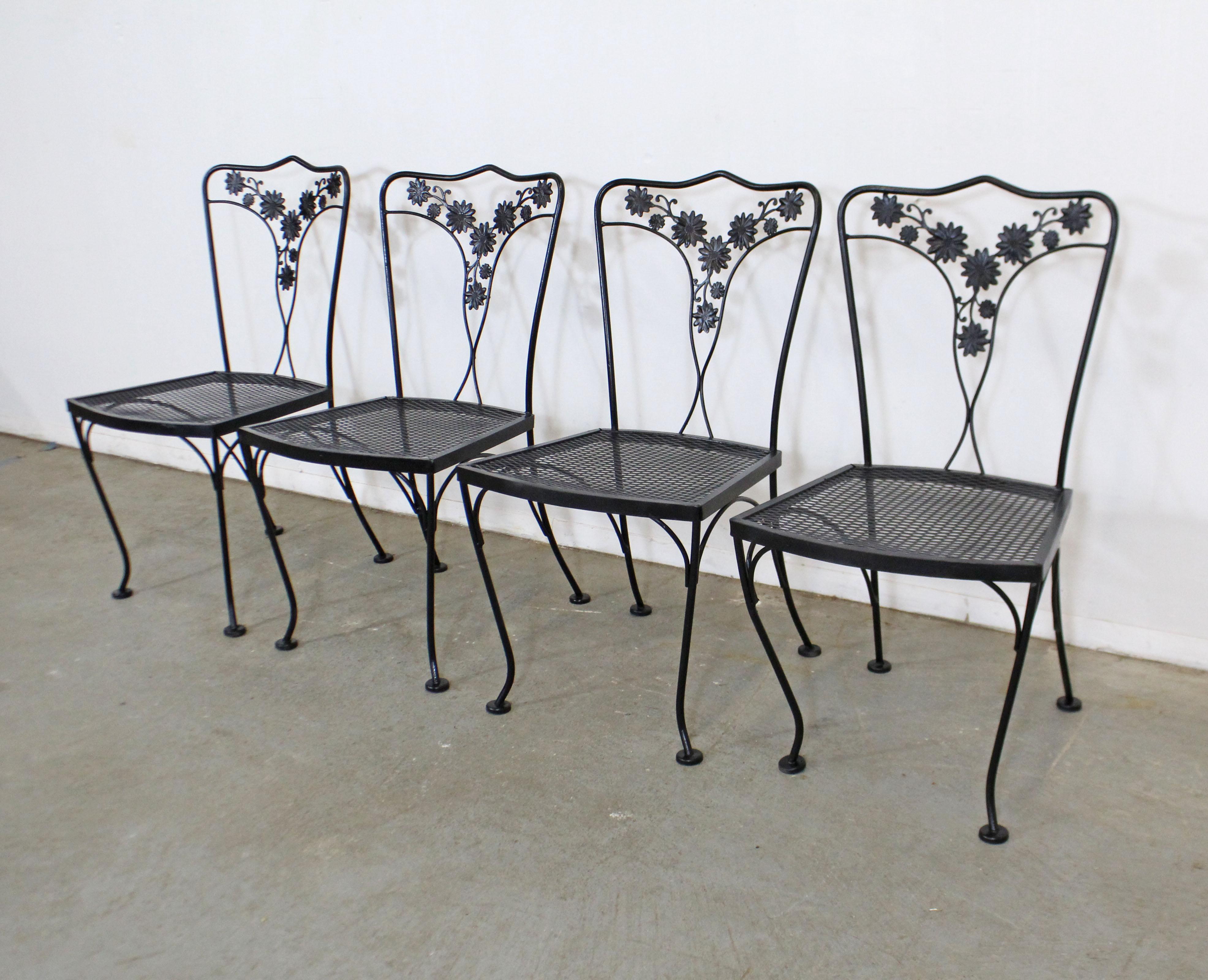 Mid-Century Modern Set of 4 Vintage Wrought Floral Iron Patio Dining Side Chairs