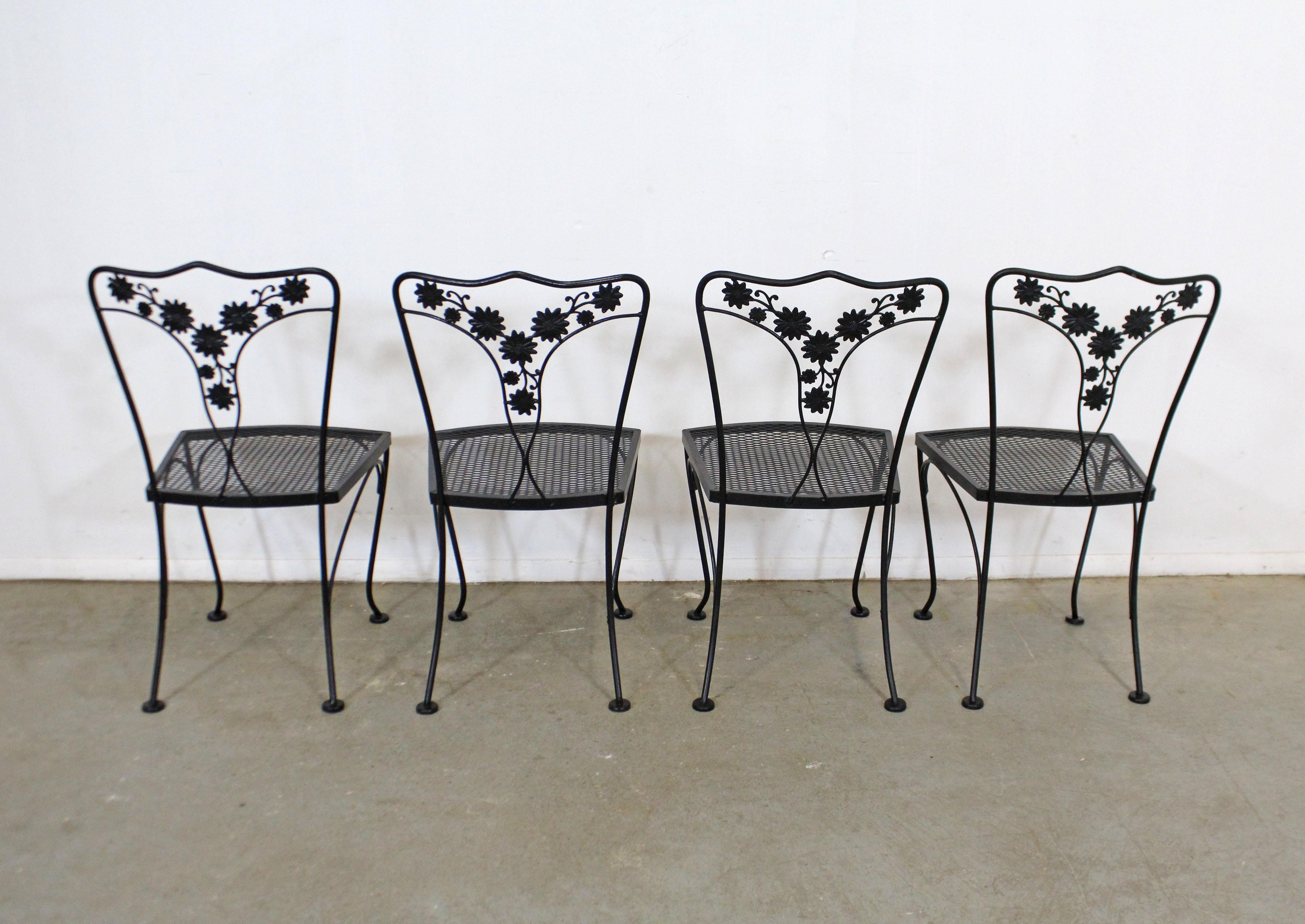 20th Century Set of 4 Vintage Wrought Floral Iron Patio Dining Side Chairs