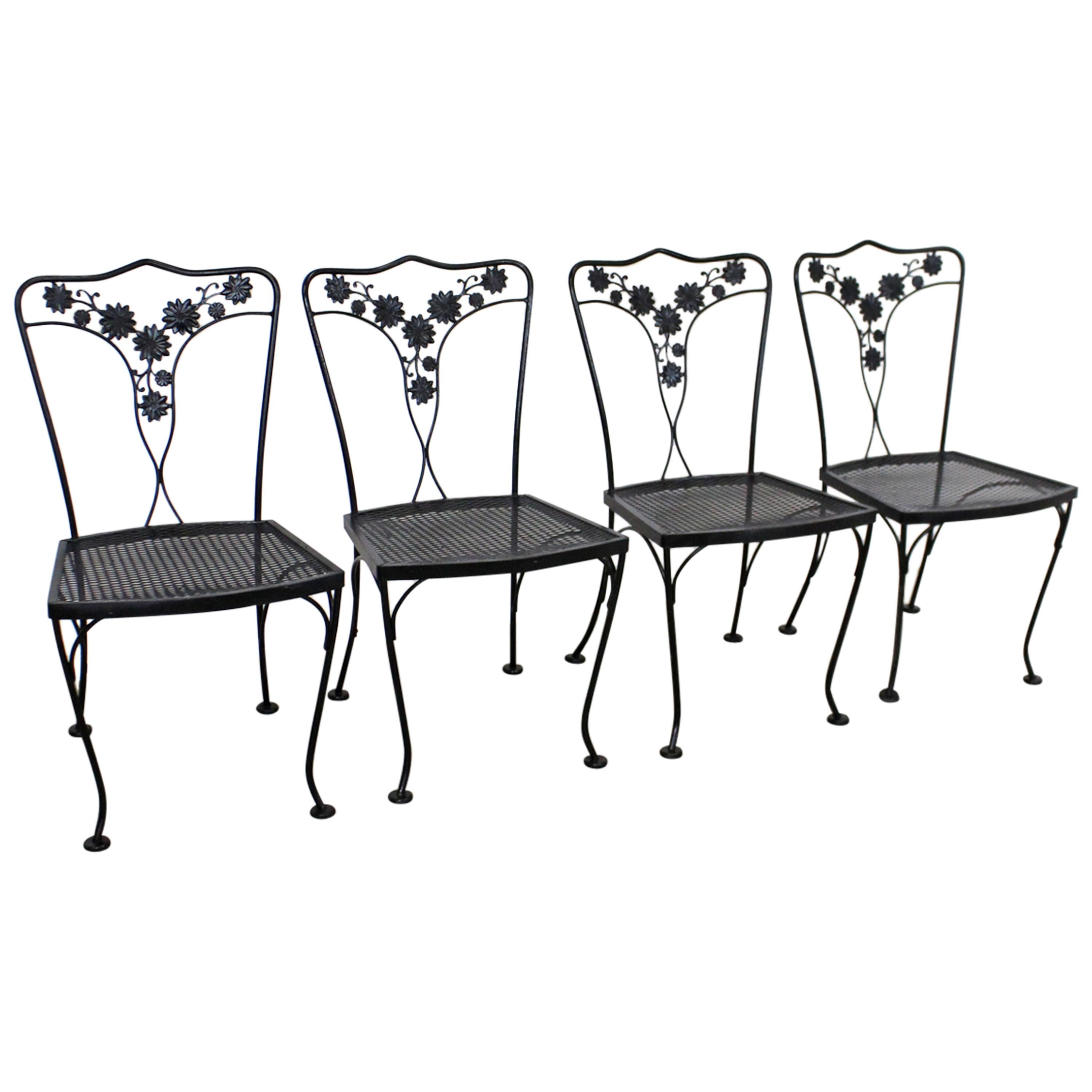 Set of 4 Vintage Wrought Floral Iron Patio Dining Side Chairs