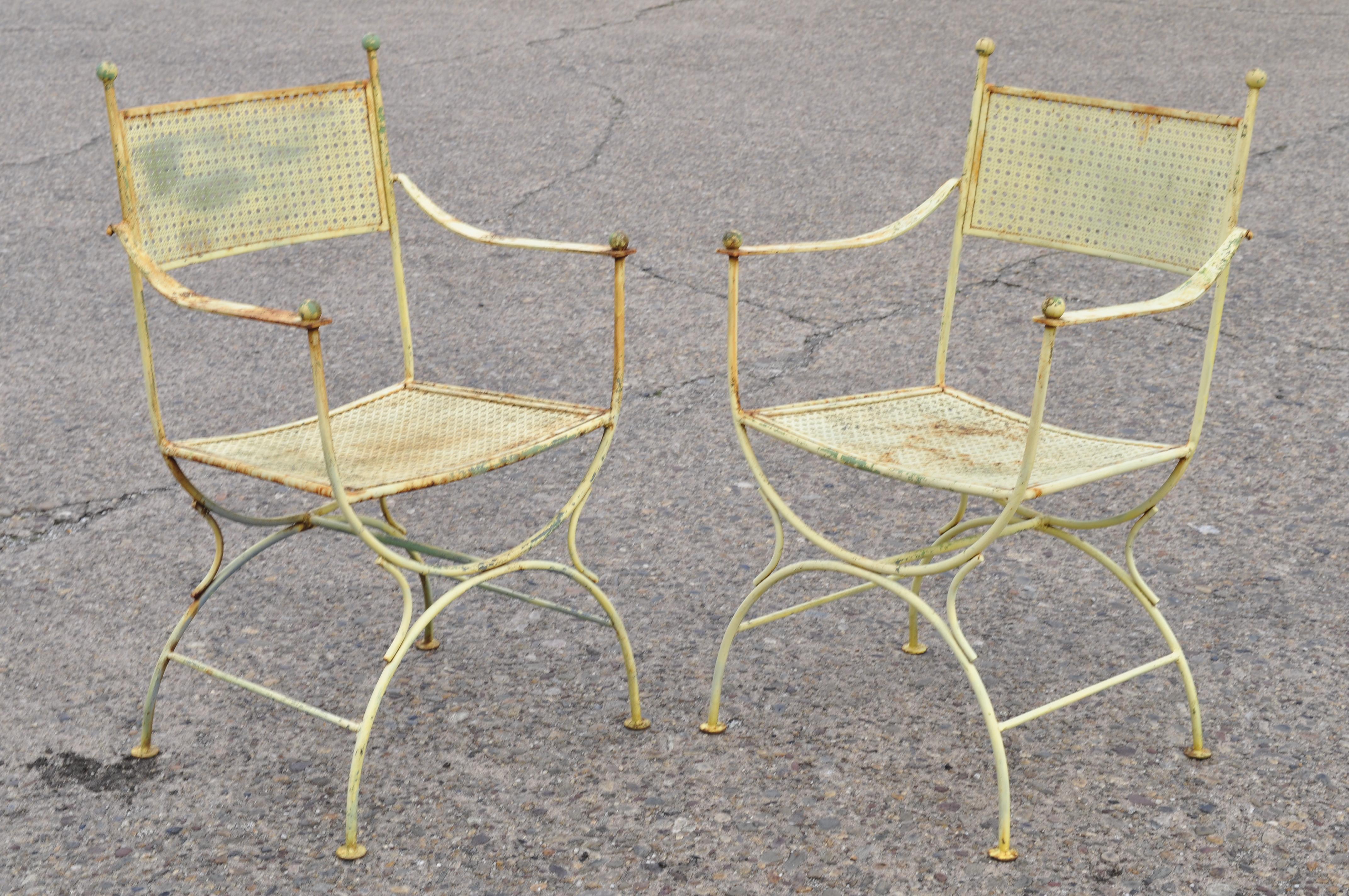 Hollywood Regency Set of 4 Vintage Wrought Iron Curule X-Frame Garden Patio Dining Armchairs