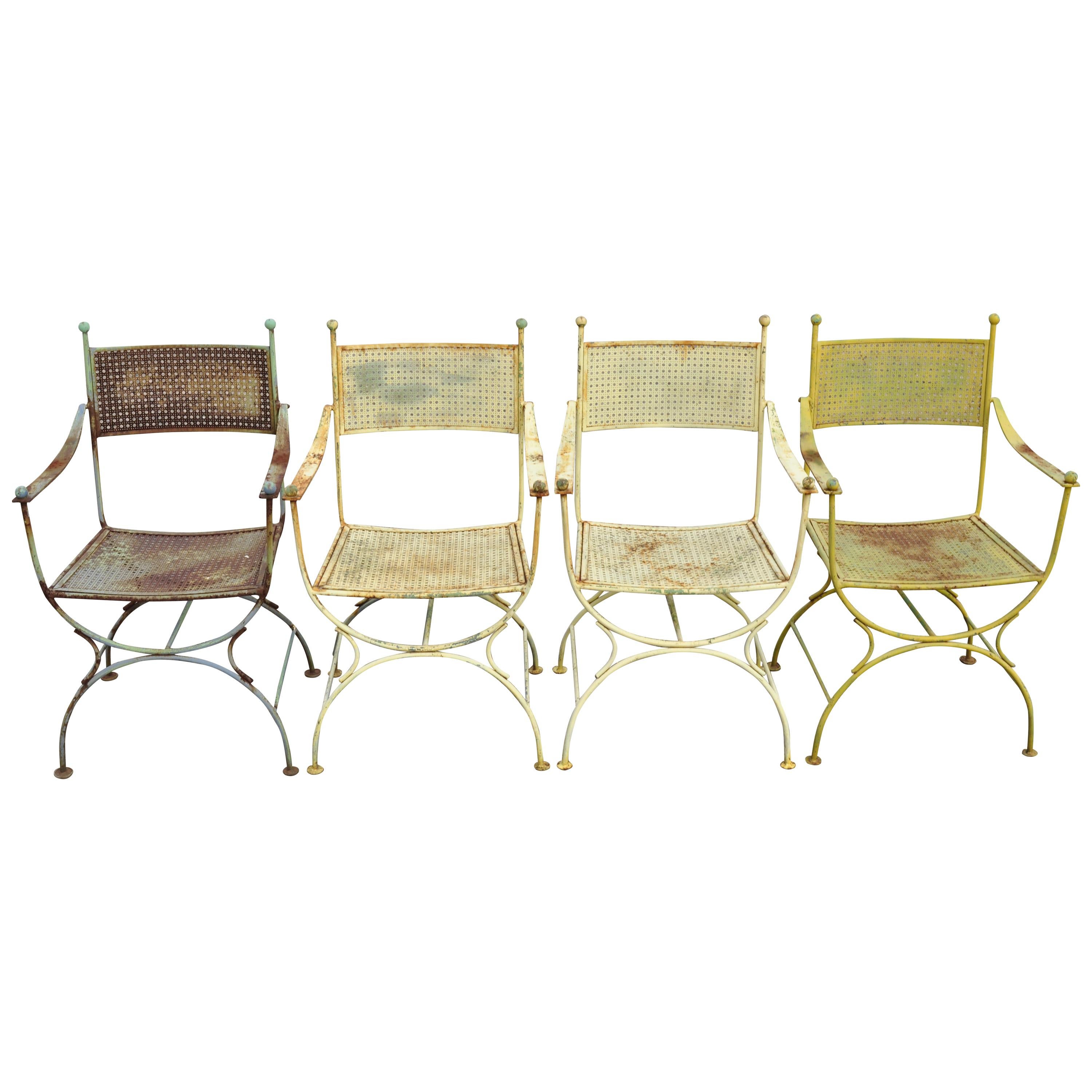 Set of 4 Vintage Wrought Iron Curule X-Frame Garden Patio Dining Armchairs