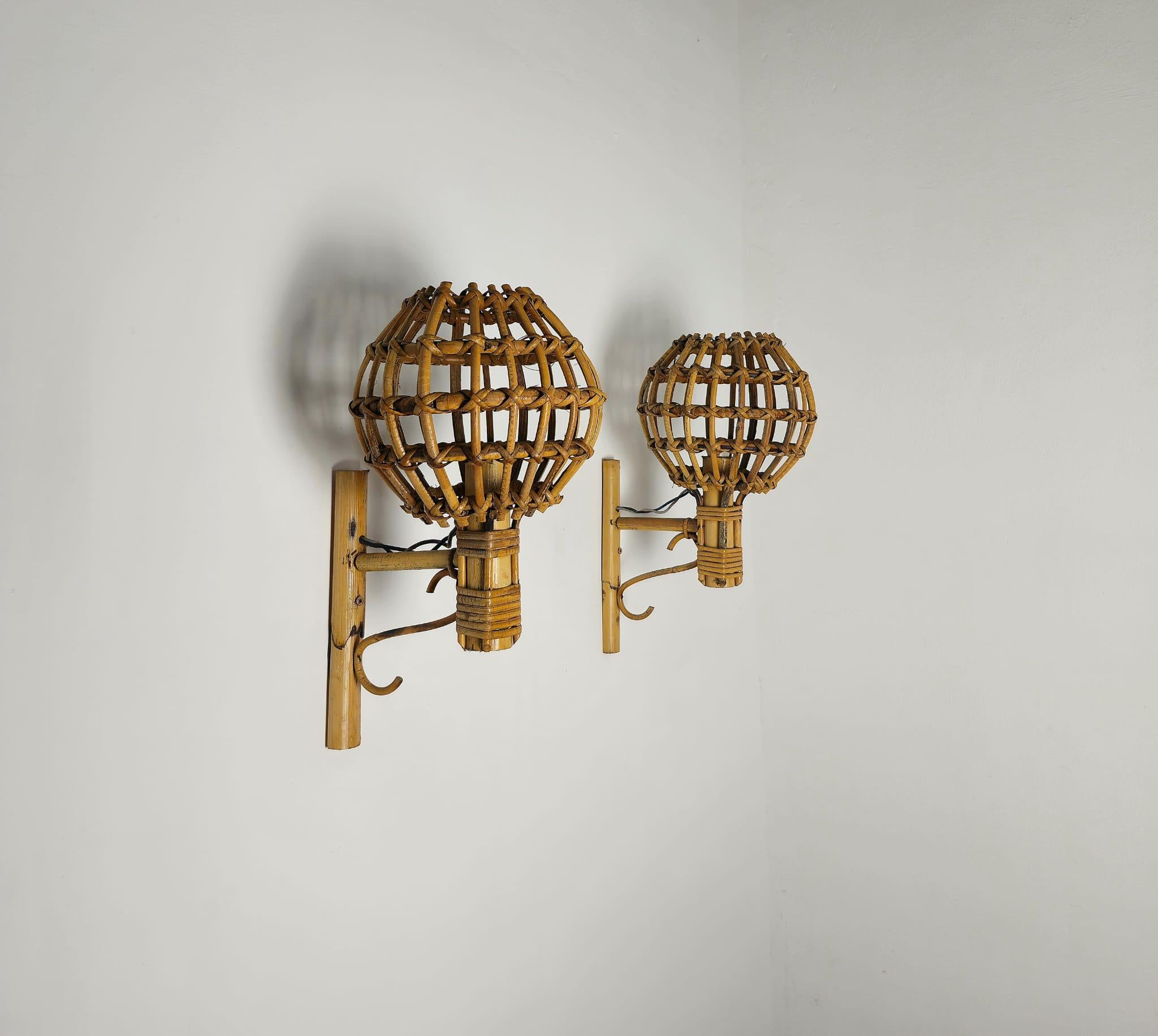 Bamboo Set of 4 Wall Lamps In The Style Of The French Designer Louis Sognot 1960s