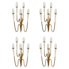 Set of 4 Wall Lights in Brass and White Enameled Metal, Ponti Style, Italy 1950s Set of 4 Wall Lights in Brass and White Enameled Metal, Ponti Style, Italy 1950s