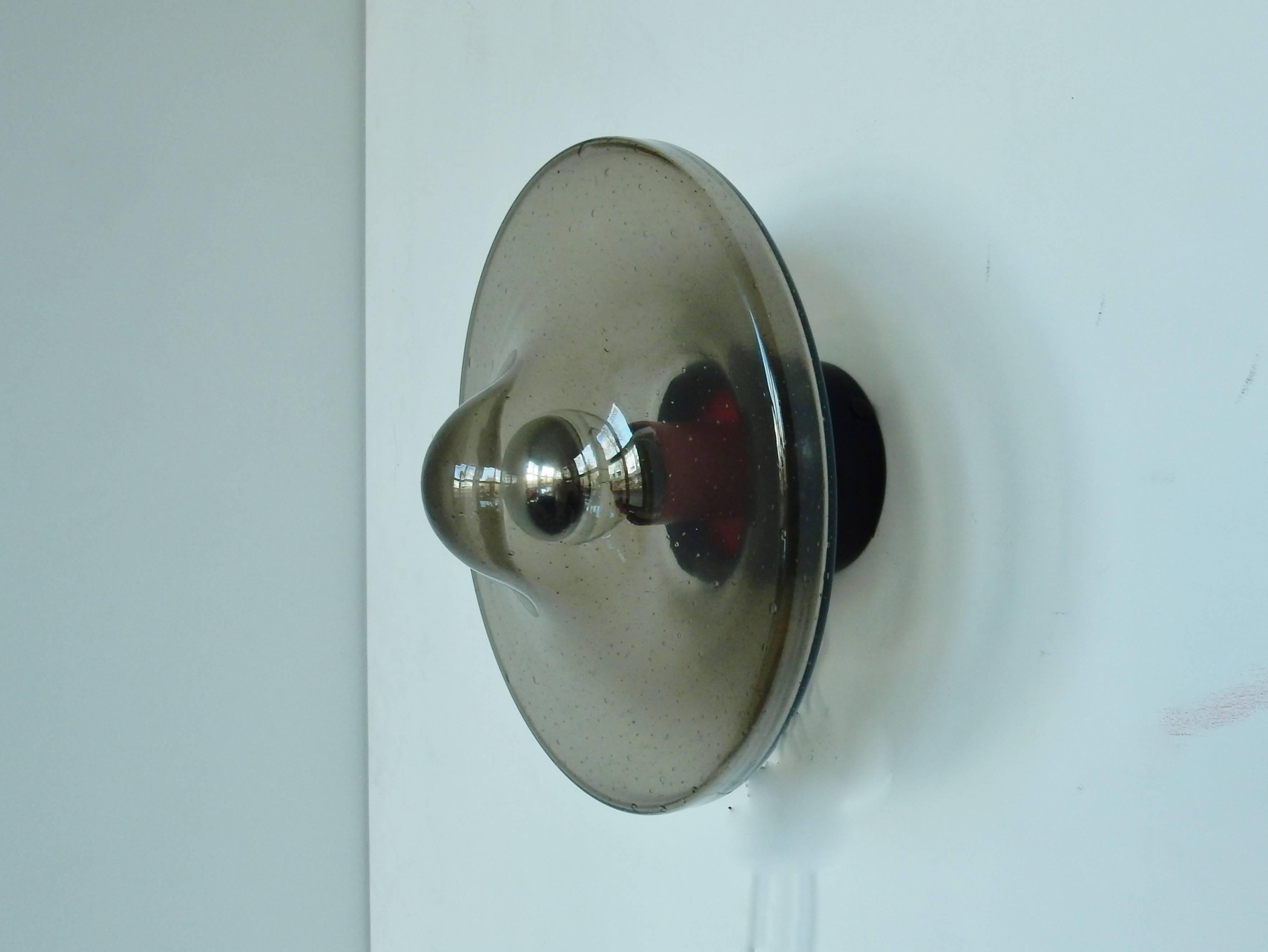 Swedish Wall Sconces in Smoked Rosdala Glass on Black and Red Metal Fixture.