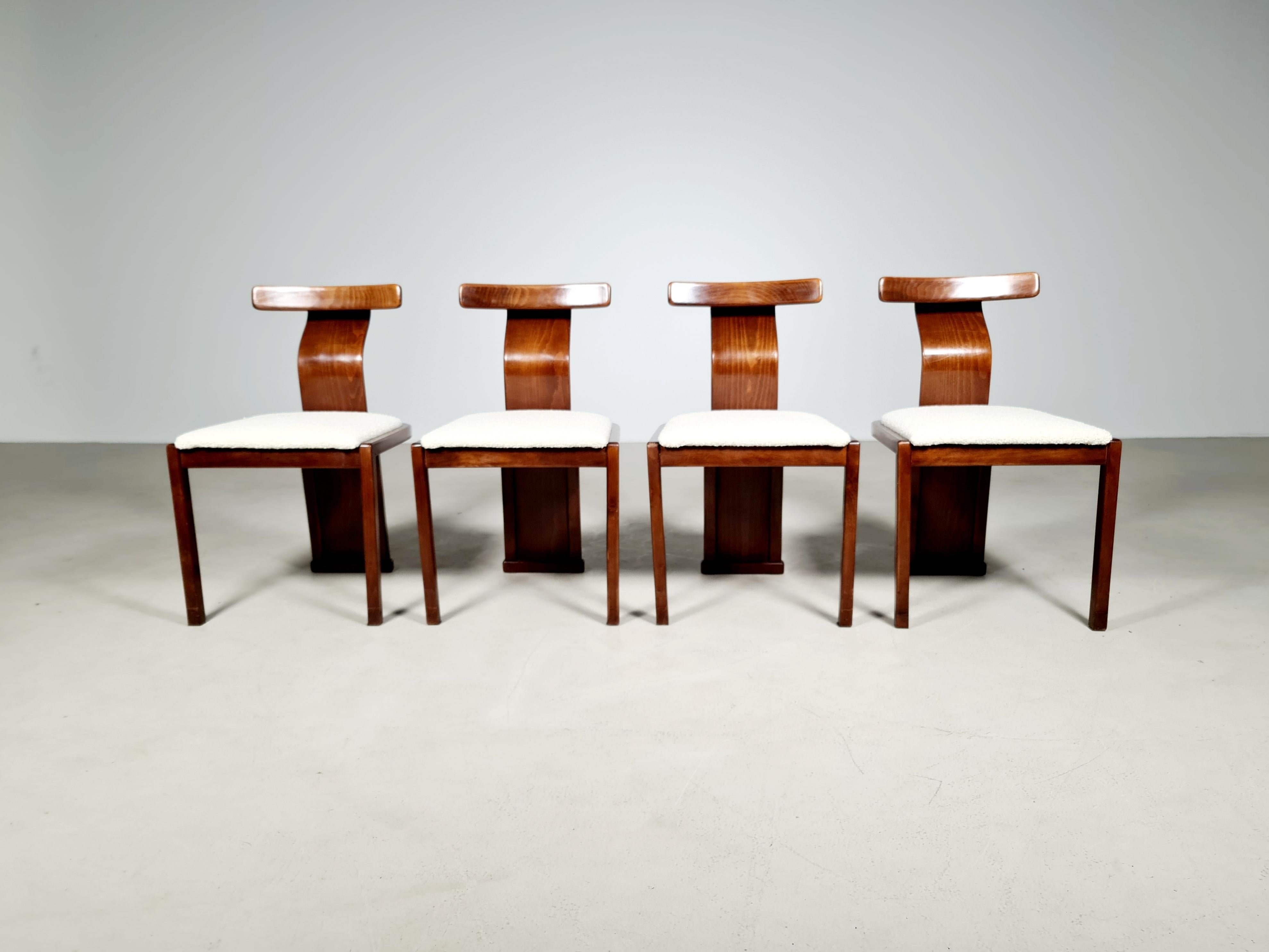 Mid-Century Modern Set of 4 Walnut and Boucle Dining Chairs from Italy, 1960s