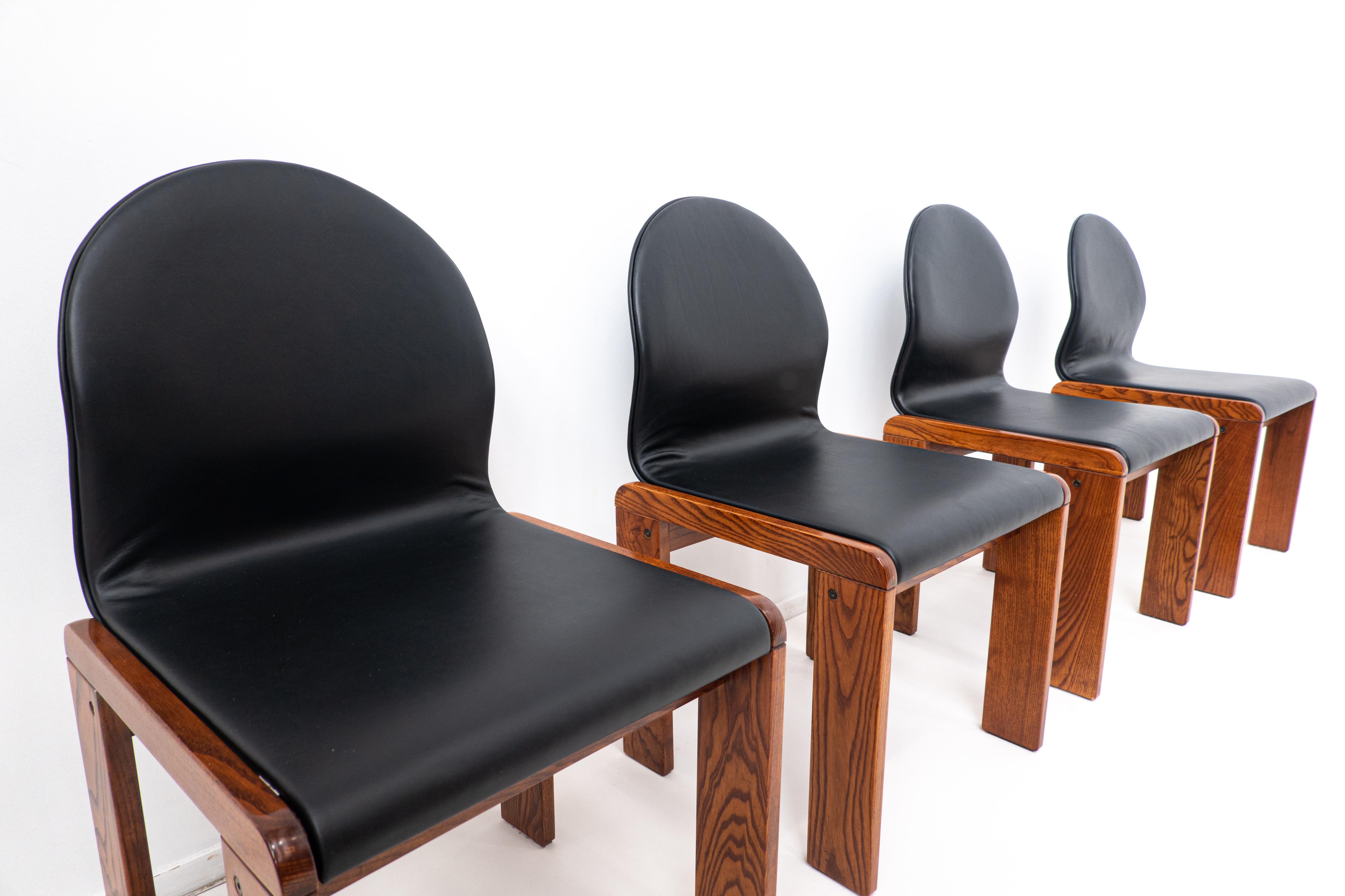 Mid-Century Modern Set of 4 Walnut and Leather Chairs by Afra and Tobia Scarpa, Italy, 1970s