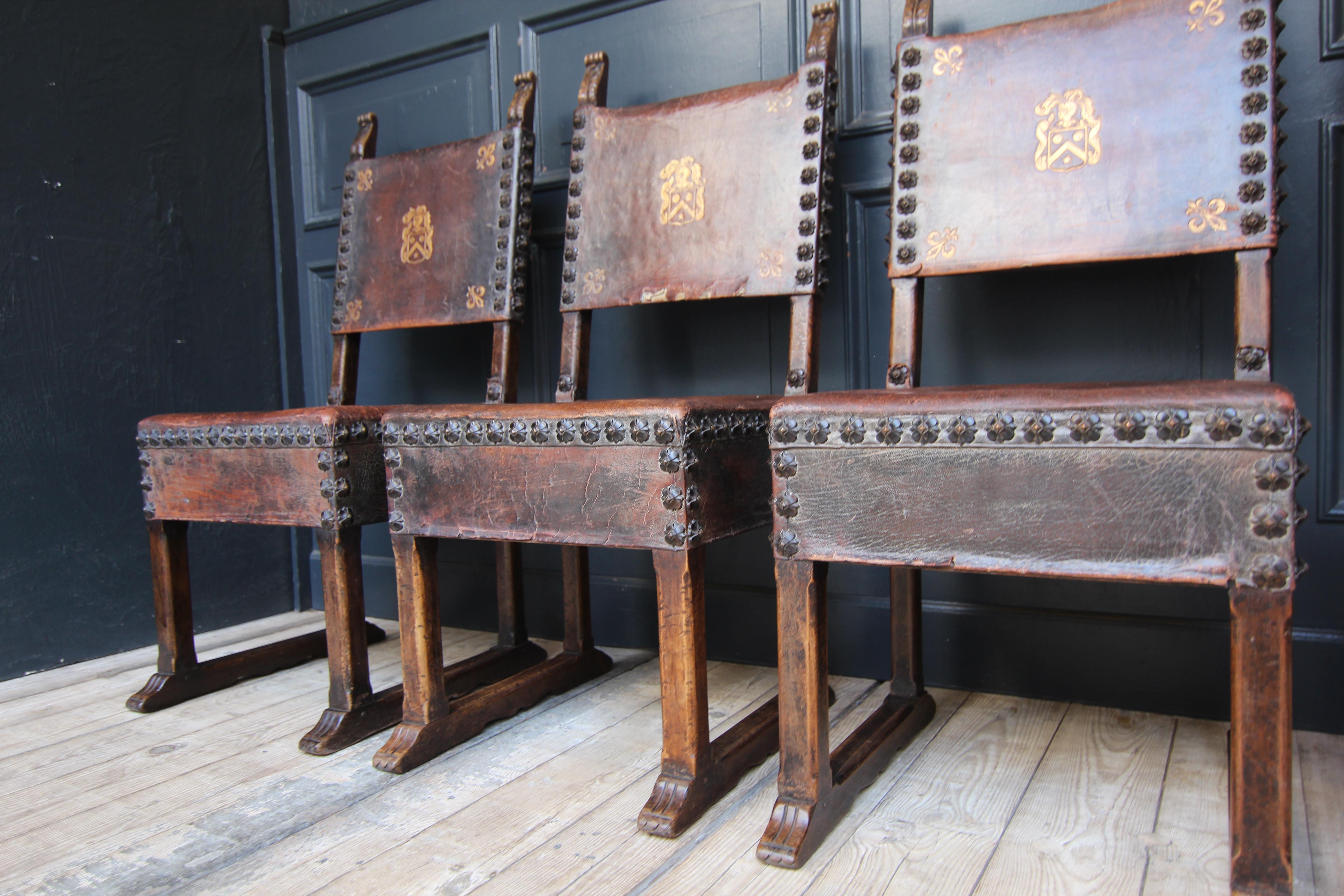 Set of 4 Walnut and Leather Renaissance Style Chairs by Krieger For Sale 5