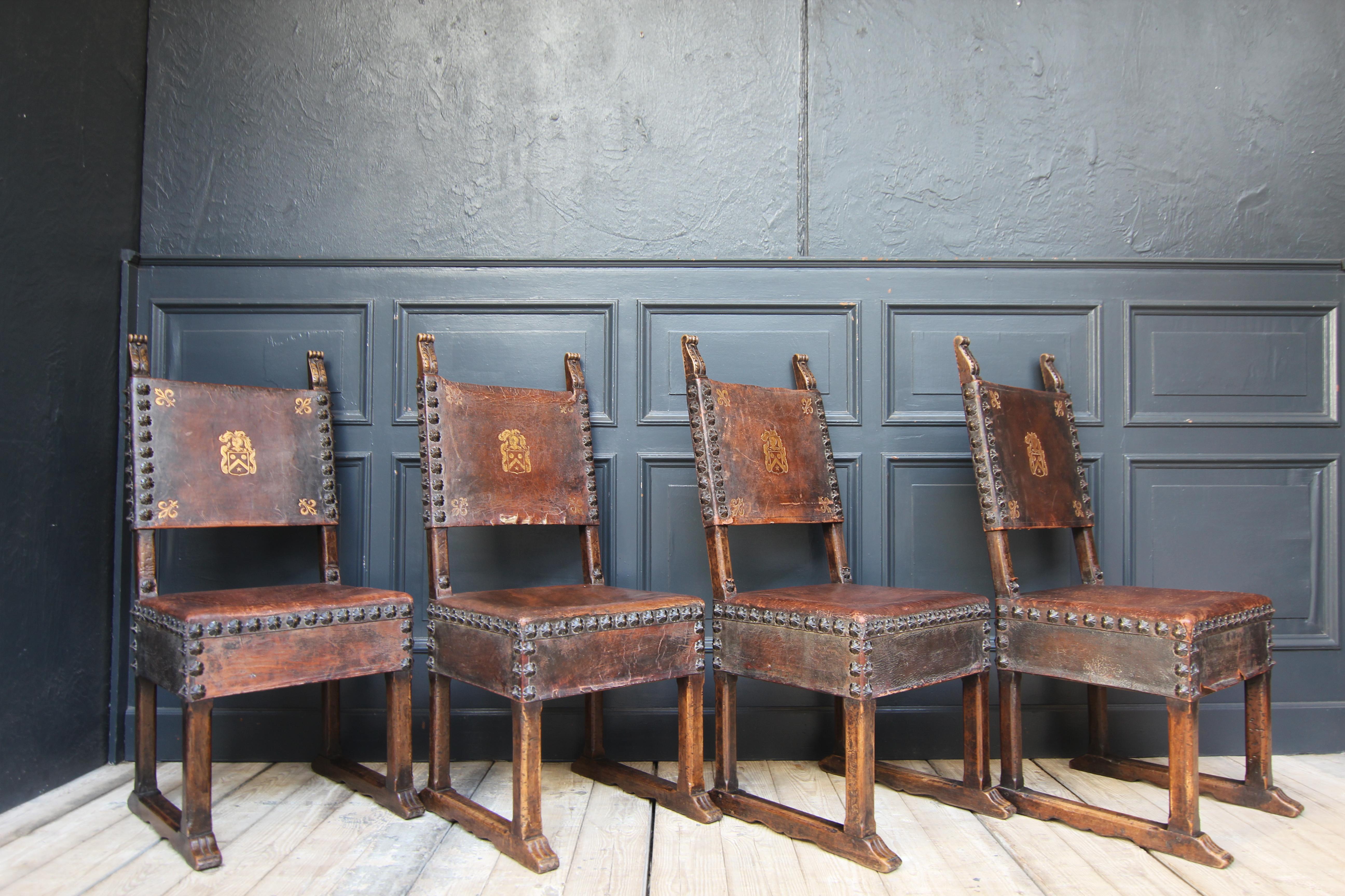 Set of 4 Walnut and Leather Renaissance Style Chairs by Krieger For Sale 9