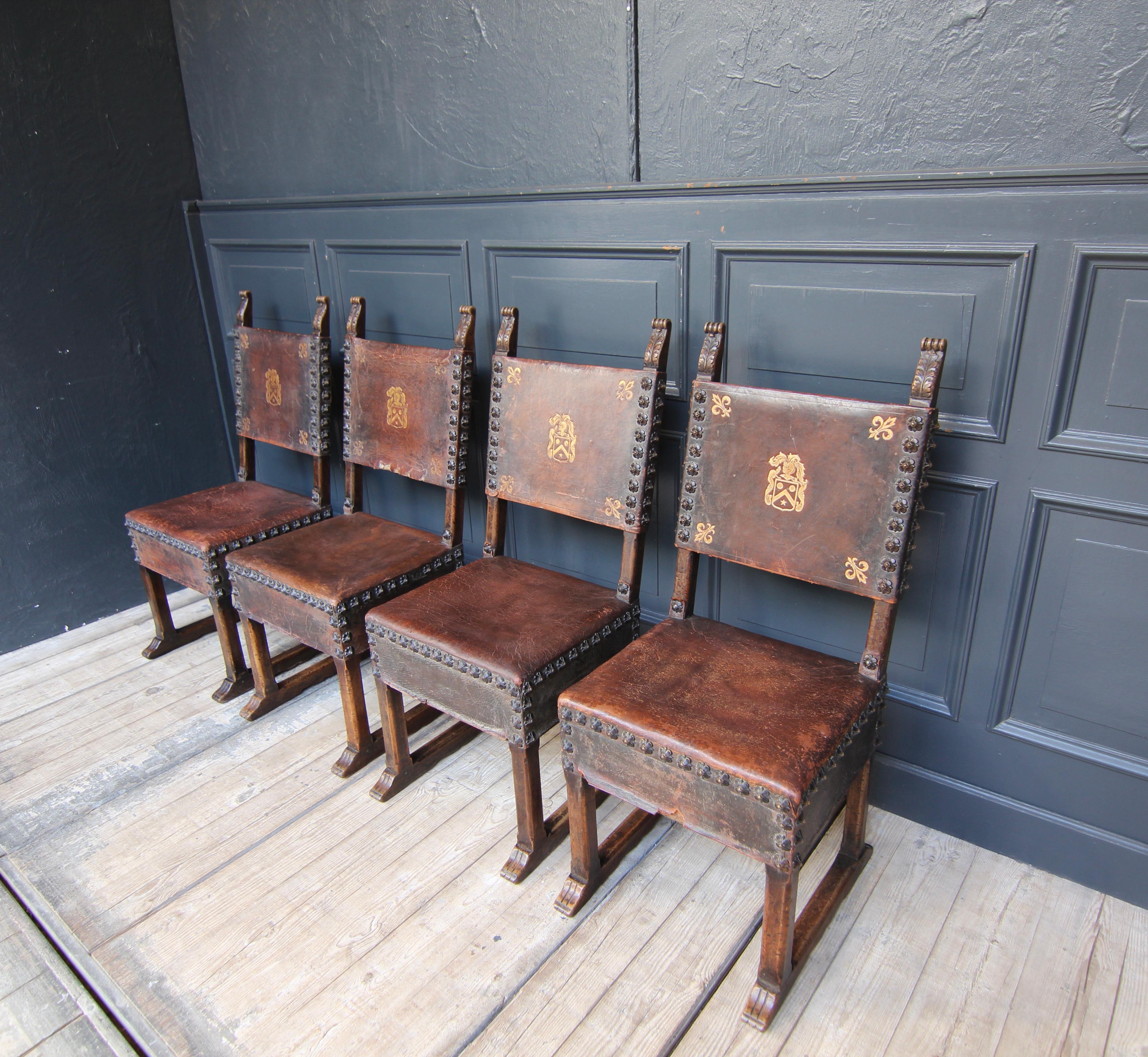 Renaissance Revival Set of 4 Walnut and Leather Renaissance Style Chairs by Krieger For Sale